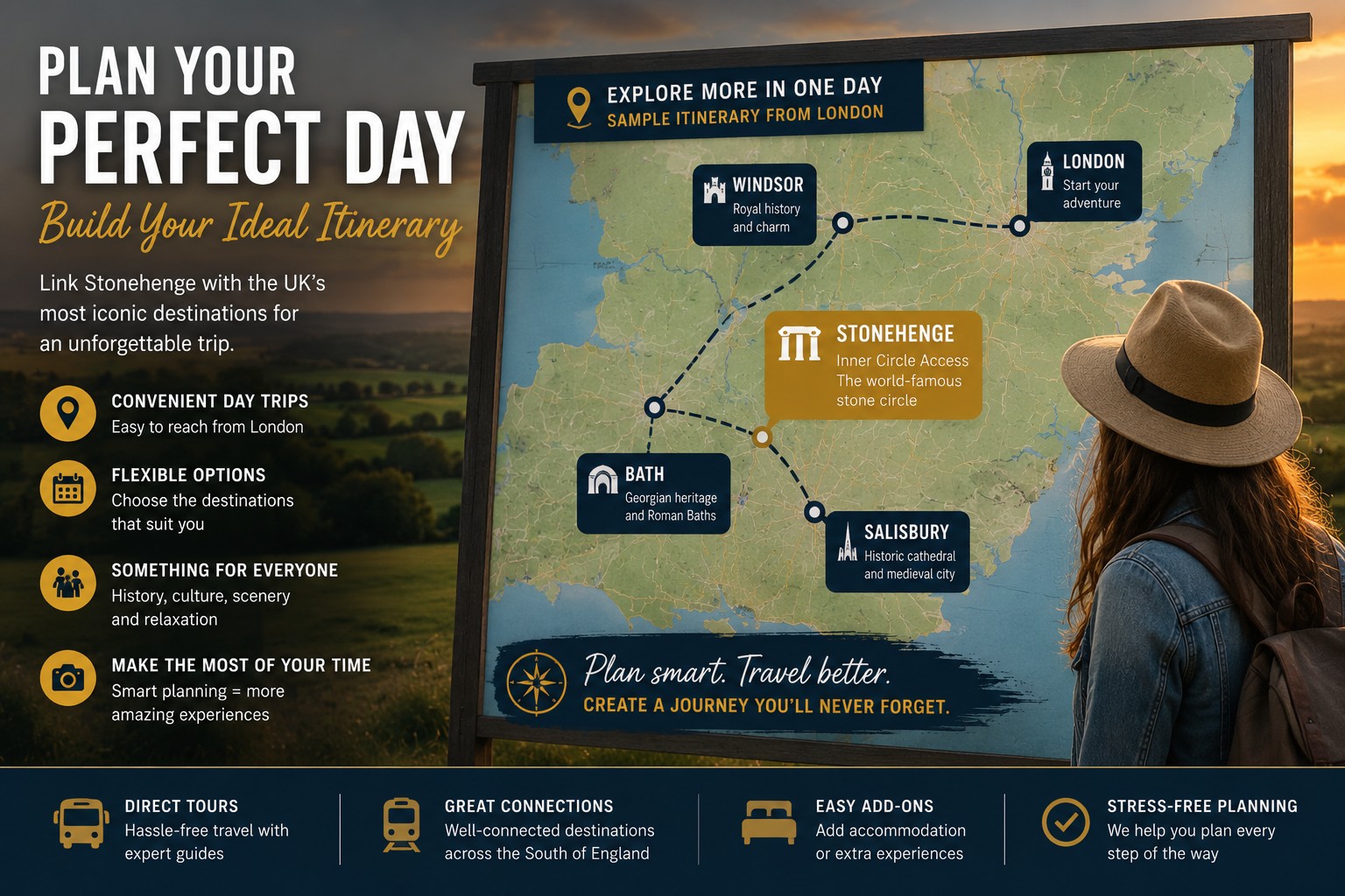 Travel planning illustration showing a UK itinerary linking London, Stonehenge, Windsor, Bath and Salisbury, demonstrating how visitors can build the perfect day trip around a Stonehenge Inner Circle Access experience.