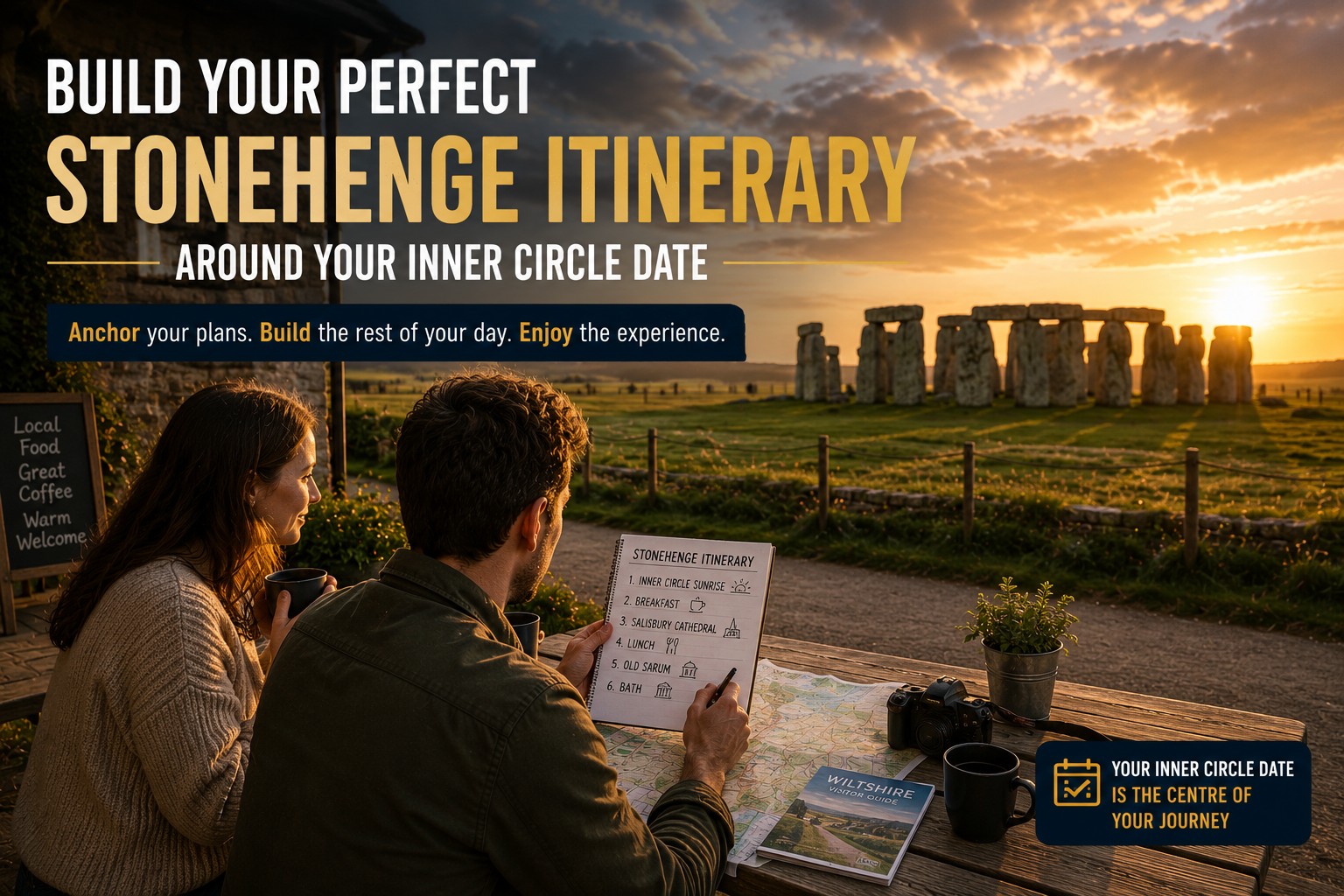 Couple planning a Stonehenge Inner Circle itinerary at a countryside café overlooking Stonehenge, using their confirmed access date as the foundation for a well-organised and memorable travel experience.