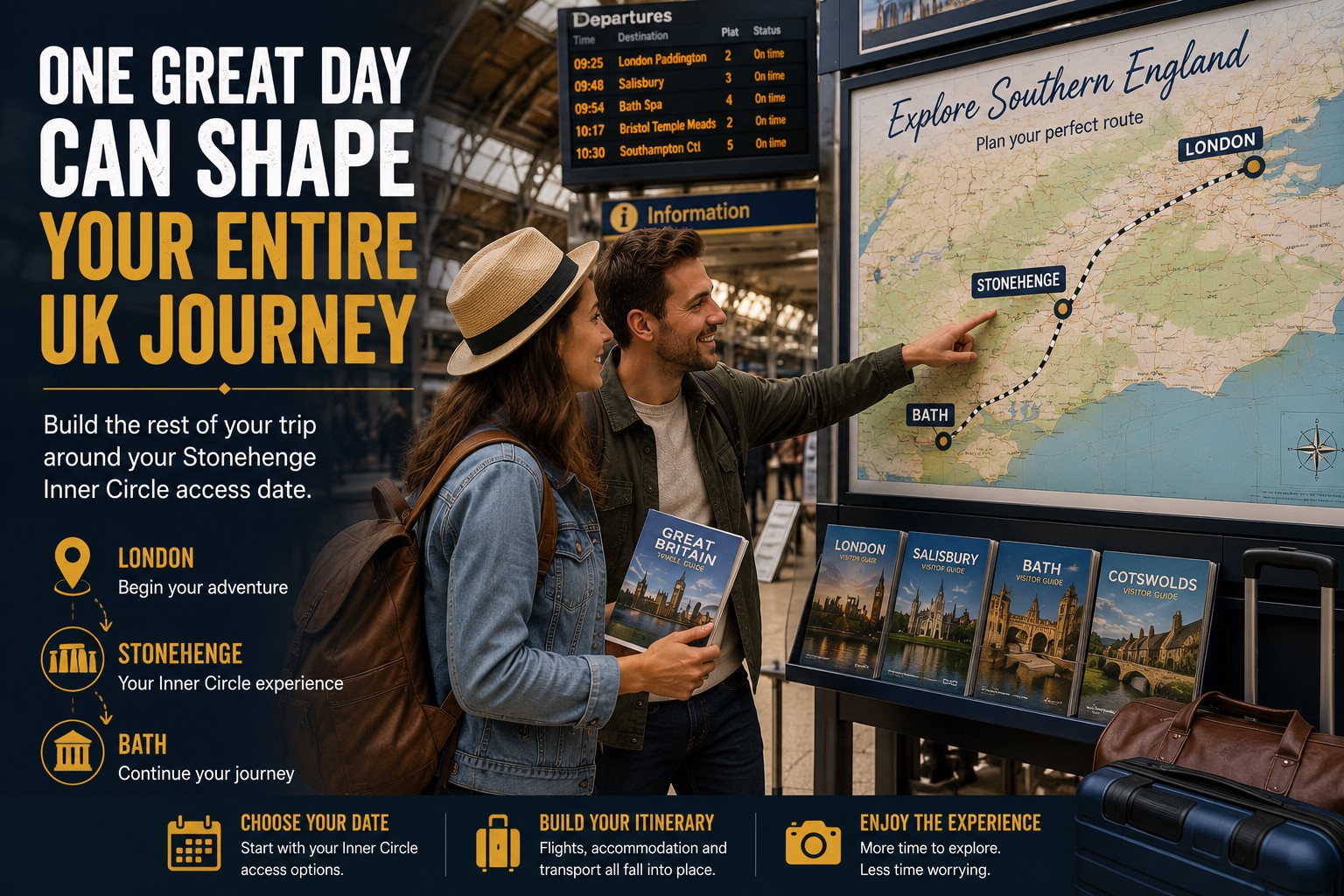 Overseas travellers planning a route through southern England at a railway station, using a regional map to build a UK itinerary around their Stonehenge Inner Circle access date.