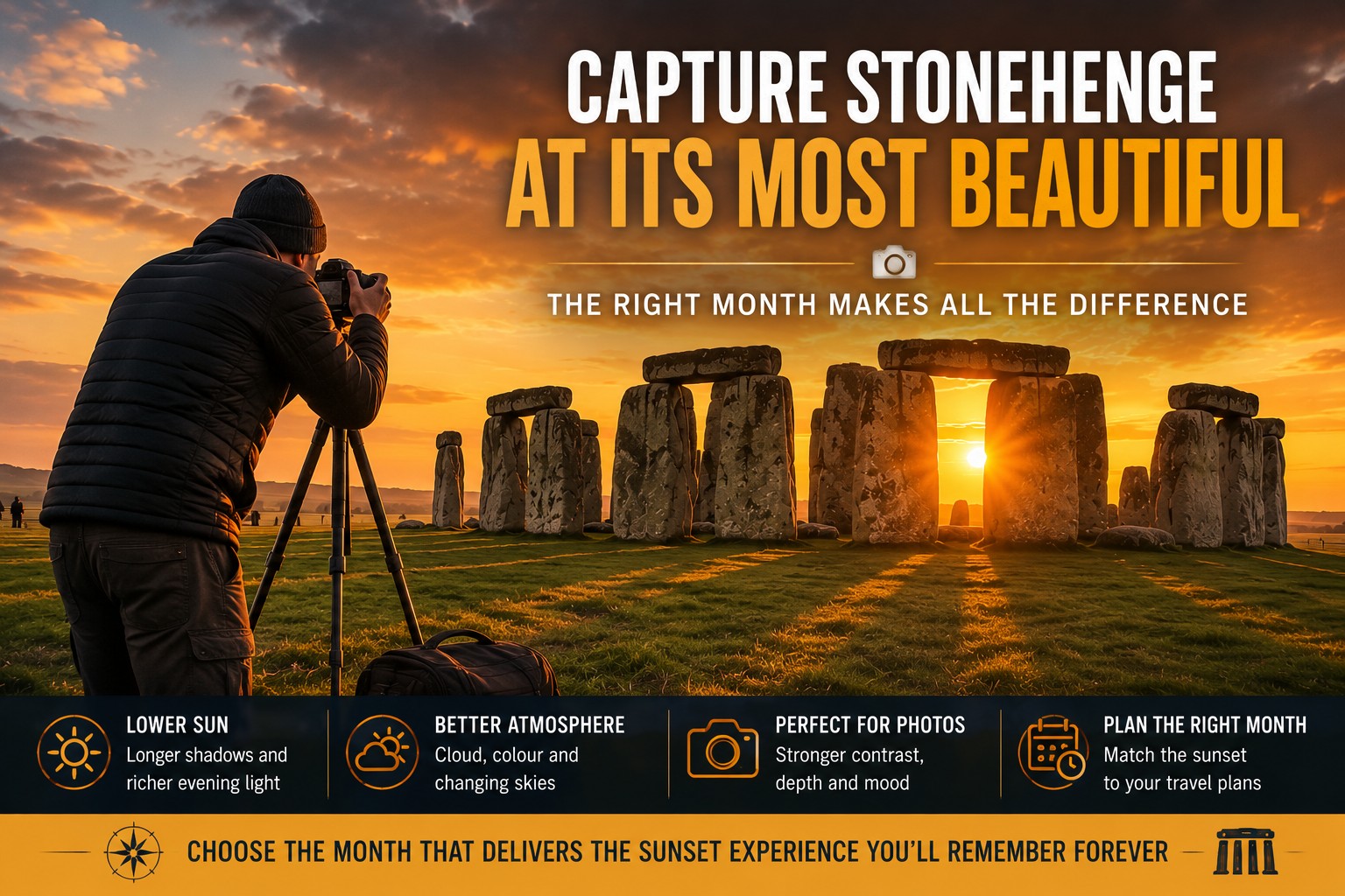 Photographer capturing Stonehenge at sunset from inside the Inner Circle, with warm golden light, long shadows and dramatic evening skies illustrating how the right month can transform the photography experience.