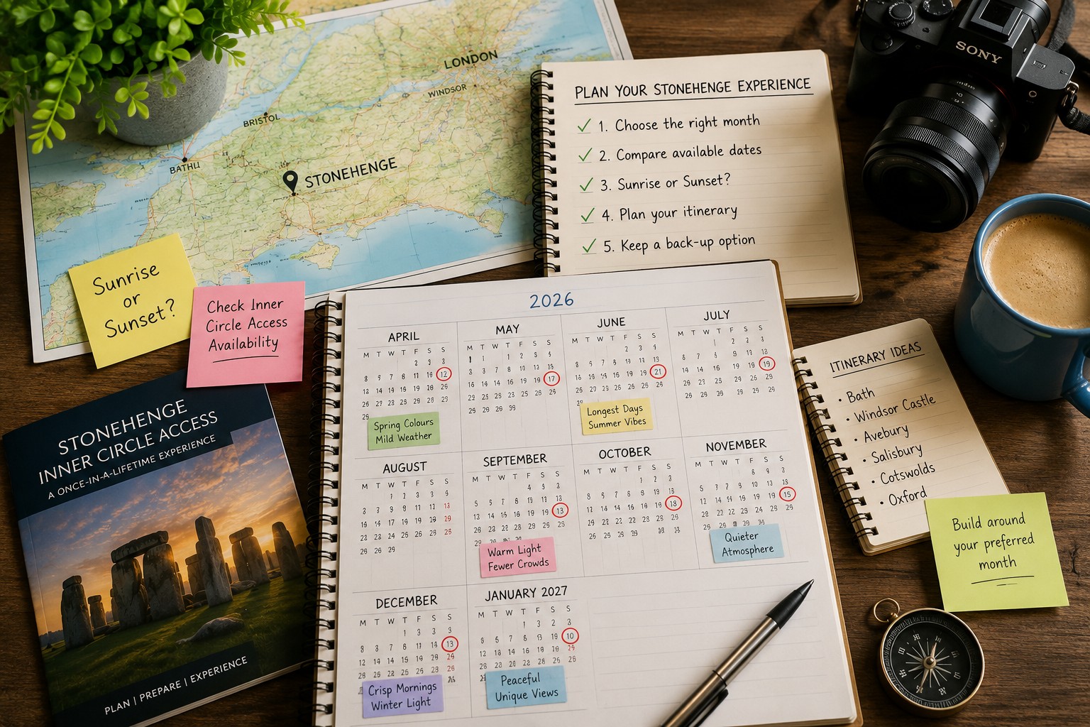 Travel planning desk with a 2026 calendar, UK map, Stonehenge itinerary, camera, notebook and travel notes, illustrating the process of choosing the best month before comparing Stonehenge Inner Circle Access dates.