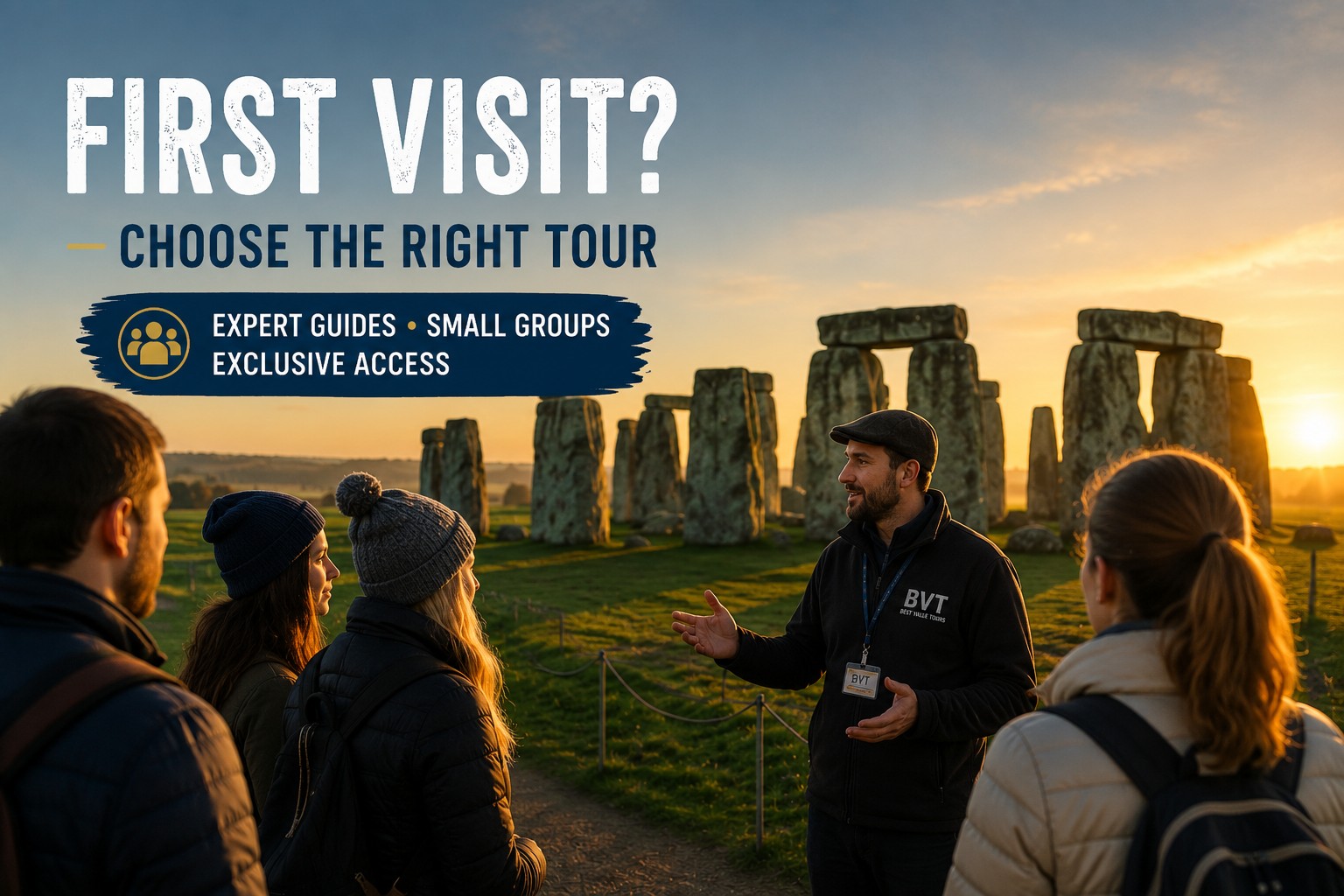 Expert guide leading a small group during a Stonehenge Inner Circle tour at sunset, helping first-time visitors choose the best tour for an unforgettable Stonehenge experience.