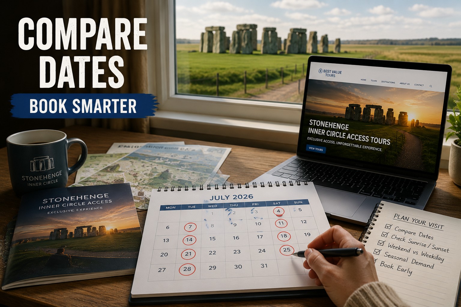 Travel planning desk with a July calendar, Stonehenge guide and laptop overlooking Stonehenge, illustrating how comparing Stonehenge Inner Circle dates helps visitors book the best 2026 experience.