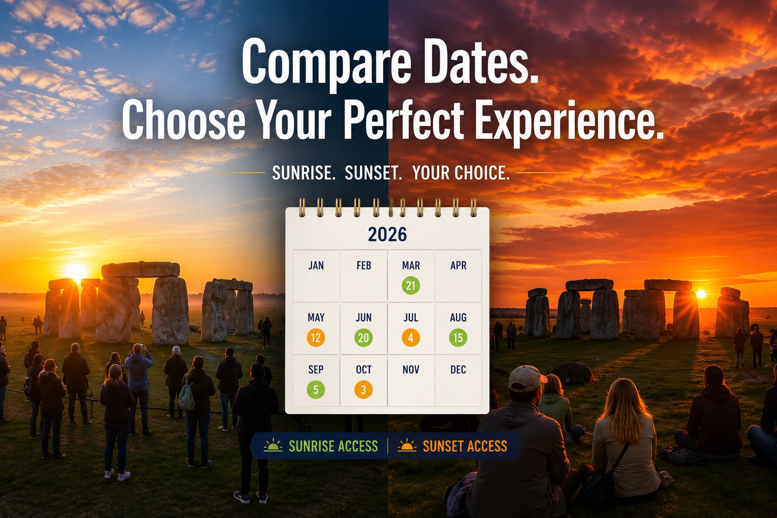 Split image comparing Stonehenge Inner Circle sunrise and sunset access with a 2026 calendar, helping visitors compare available dates and choose the best Stonehenge experience.