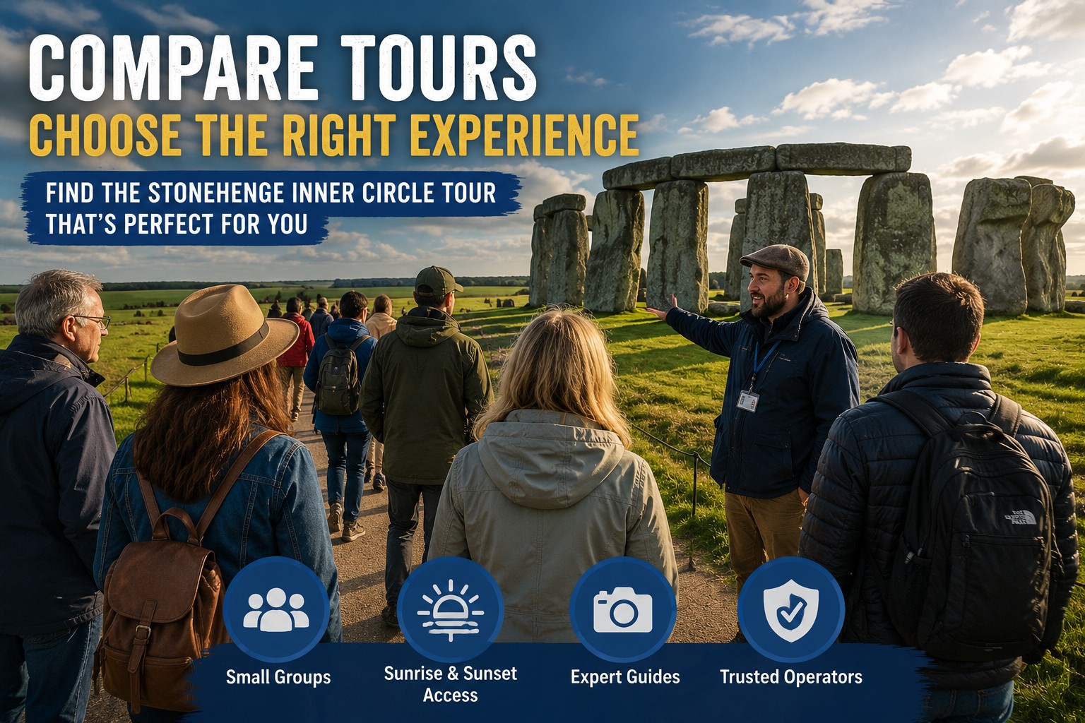 Small group visiting Stonehenge with an expert guide, illustrating how to compare Stonehenge Inner Circle tours, itineraries and exclusive visitor experiences before booking.