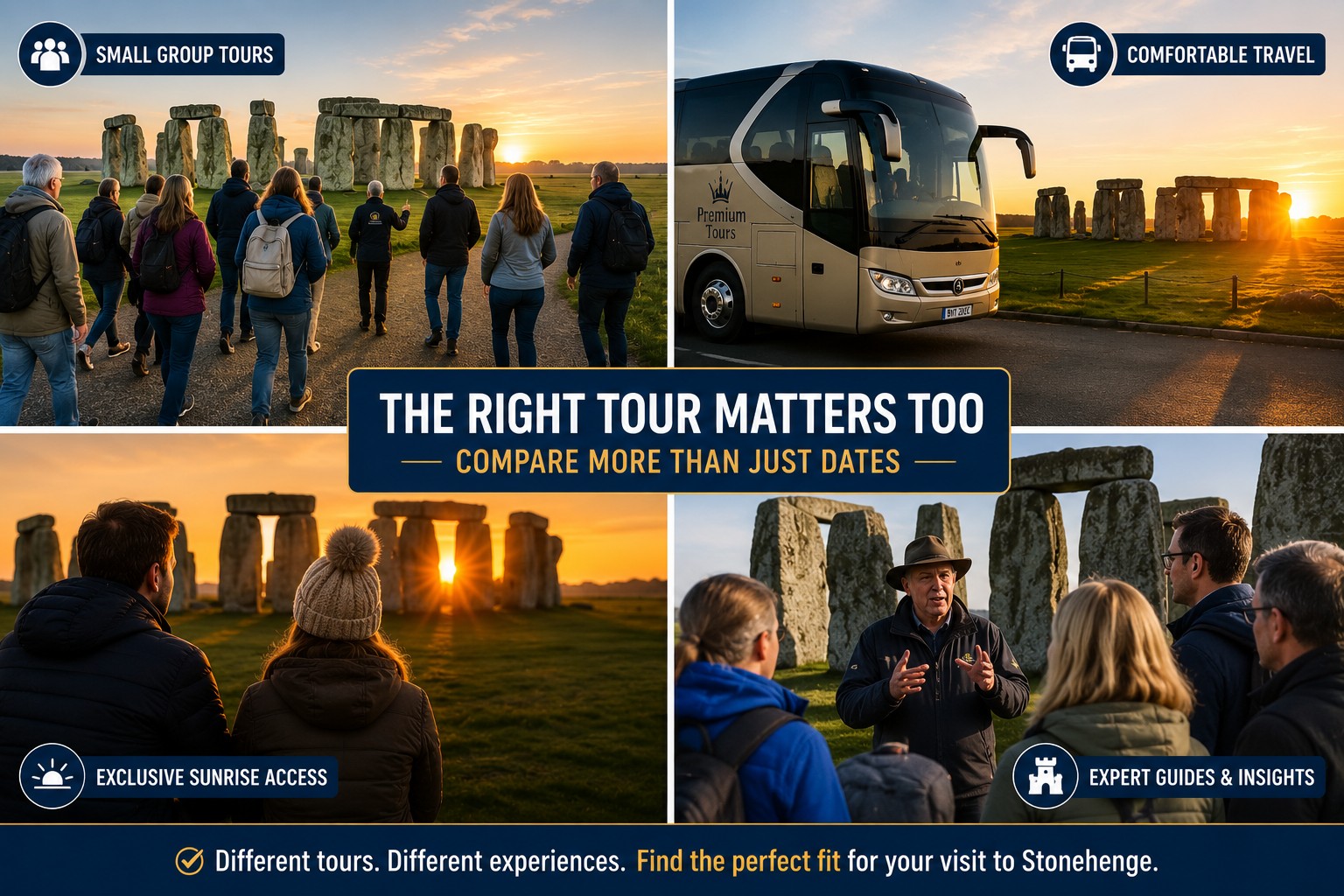 Four-panel collage showing different Stonehenge Inner Circle tour experiences, including small group tours, coach travel, sunrise access and an expert guide, illustrating why comparing itineraries is just as important as choosing the right date.