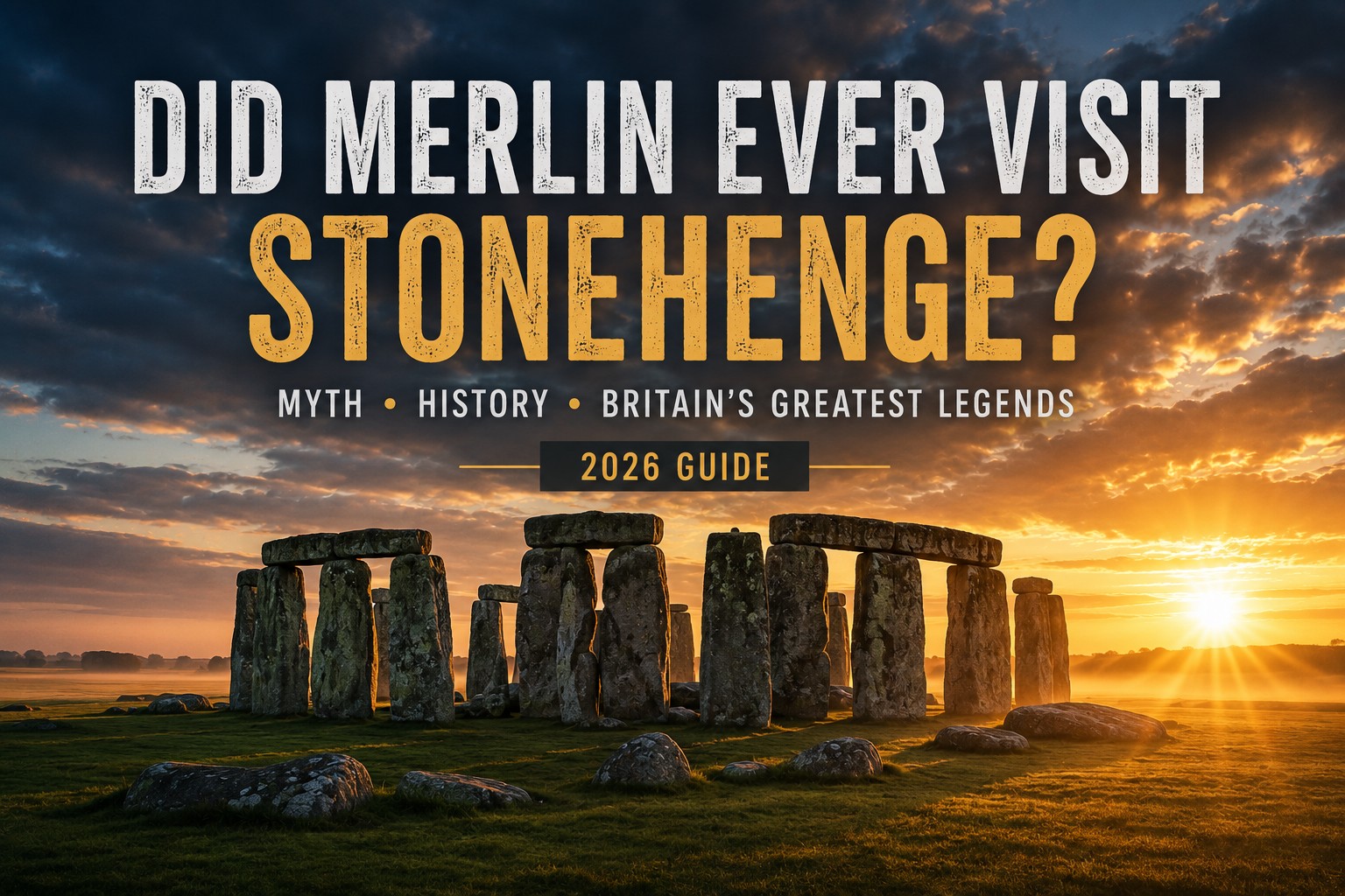 Stonehenge at sunrise on Salisbury Plain beneath dramatic skies and drifting morning mist, with the ancient stone circle illuminated by golden light, introducing the enduring question of whether Merlin was ever connected with Britain's most famous prehistoric monument.