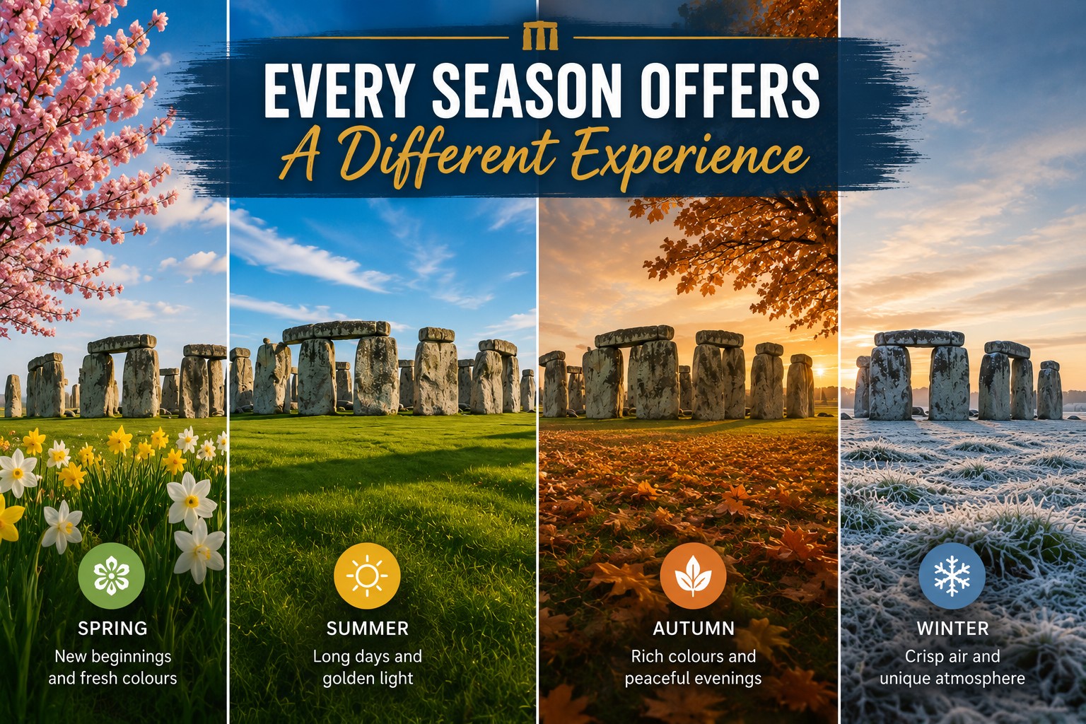 Four-panel comparison of Stonehenge in spring, summer, autumn and winter, illustrating how the landscape, daylight and atmosphere change throughout the year for Stonehenge Inner Circle Access visitors.