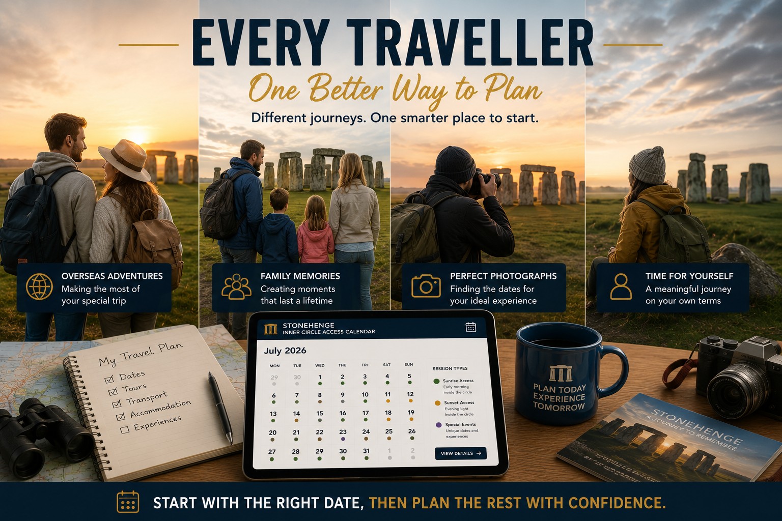 Lifestyle montage showing different types of visitors—including overseas travellers, families, photographers and solo travellers—using the Stonehenge Inner Circle Access Calendar to plan a visit that suits their individual travel goals.