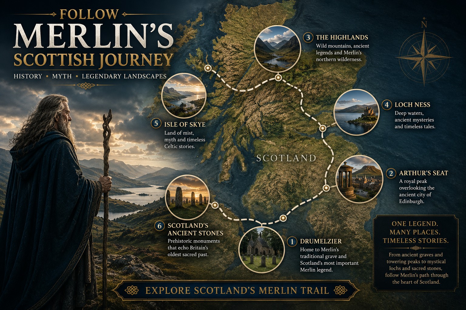 Illustrated map of Scotland following Merlin's legendary journey, highlighting Drumelzier, Arthur's Seat, the Scottish Highlands, Loch Ness, the Isle of Skye and ancient standing stones, with a route linking each destination across Scotland.