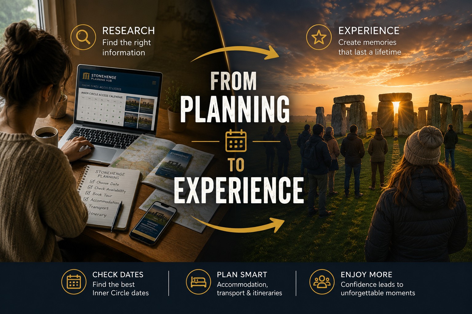 Split image showing the journey from researching Stonehenge Inner Circle access at home to enjoying the experience at Stonehenge during a sunrise special access visit.