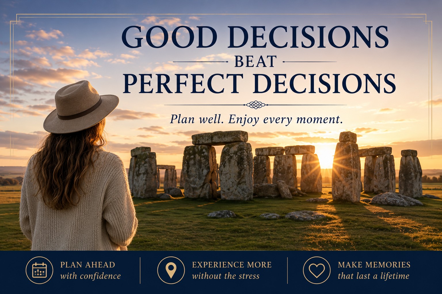 Photorealistic sunrise view of Stonehenge with a relaxed visitor admiring the ancient stone circle after careful planning, illustrating how confident preparation leads to a calm and memorable Inner Circle experience.