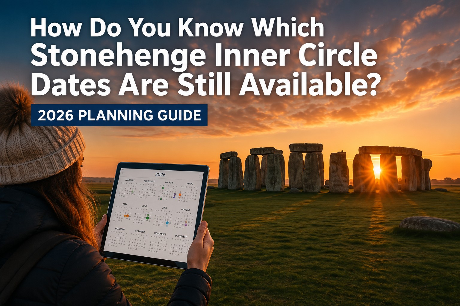 Visitor comparing Stonehenge Inner Circle availability on a tablet while overlooking Stonehenge at sunrise, illustrating how to choose the best available dates for an exclusive Inner Circle visit in 2026.