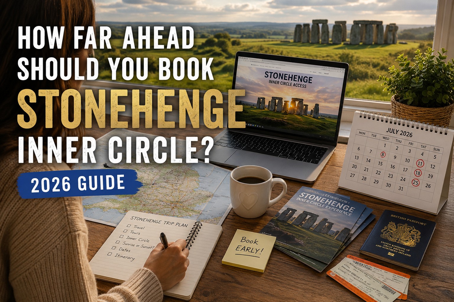 Traveller planning a Stonehenge Inner Circle visit with maps, calendar and travel itinerary while preparing to book exclusive Stonehenge Inner Circle access in 2026.