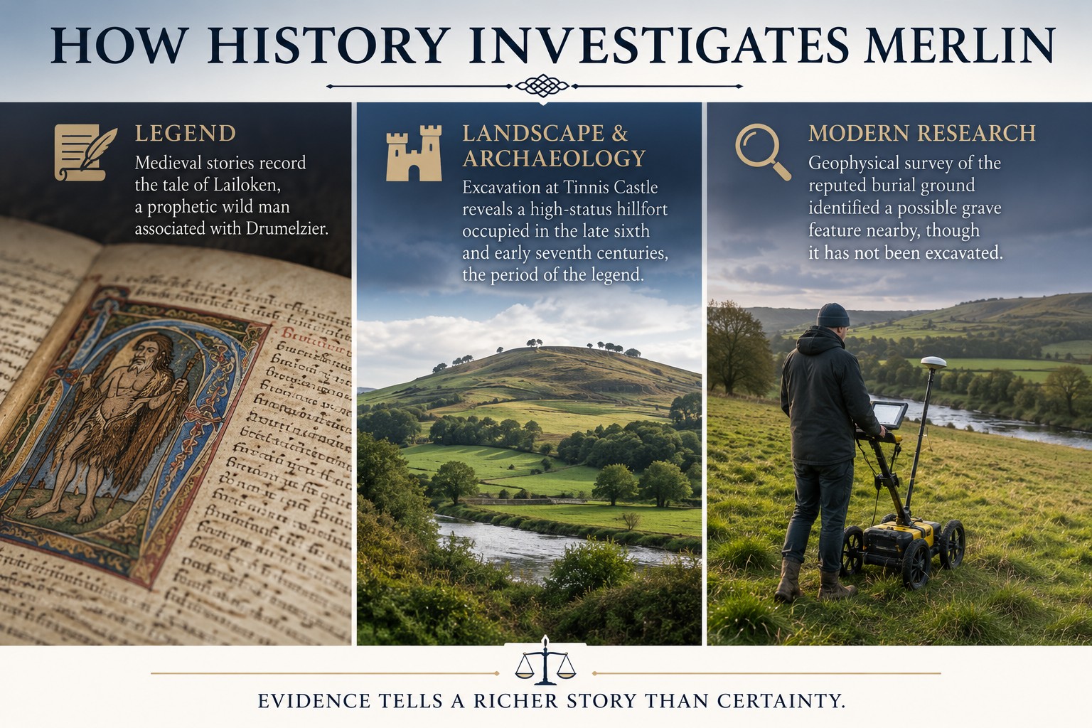 Three-panel infographic comparing medieval legend, the Drumelzier landscape and modern archaeology, showing how literary sources, Tinnis hillfort and geophysical research together inform understanding of Merlin's Grave in the Scottish Borders.