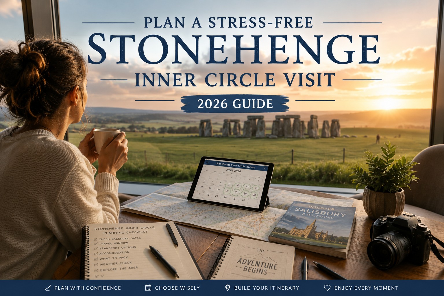 Photorealistic travel planning scene overlooking Stonehenge at sunrise, showing a relaxed traveller organising a Stonehenge Inner Circle visit with a map, calendar, checklist and travel guide before enjoying one of Britain's most iconic prehistoric monuments.