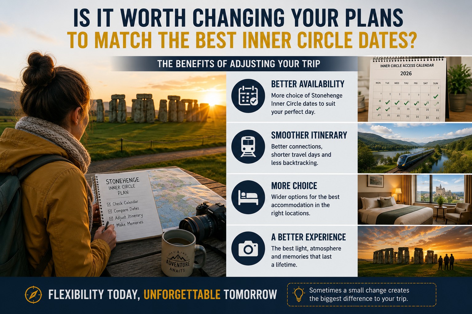 Infographic illustrating the benefits of changing travel plans to match the best Stonehenge Inner Circle dates, highlighting improved availability, smoother itineraries, better accommodation options and a more rewarding visitor experience.