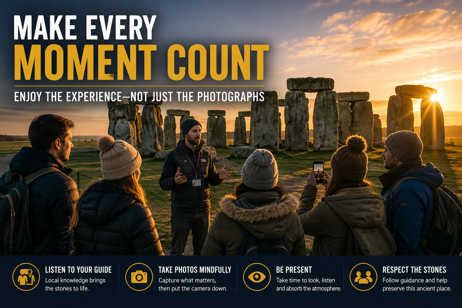 Small group enjoying a Stonehenge Inner Circle tour at sunrise while listening to their guide, with one visitor taking a photograph and others appreciating the monument and surrounding landscape.