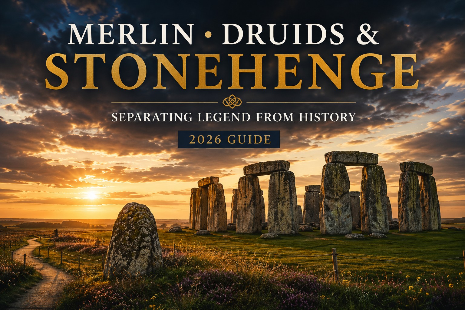 Stonehenge at golden hour viewed from a winding visitor path across Salisbury Plain, with wildflowers, ancient standing stones and dramatic skies illustrating the enduring relationship between Merlin, the Druids and Britain's most famous prehistoric monument.