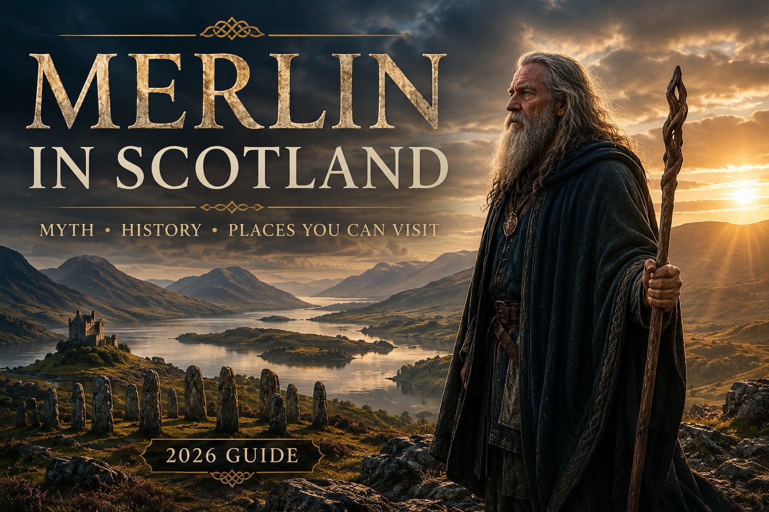 Photorealistic cinematic portrait of Merlin overlooking the Scottish Highlands at sunset, with ancient standing stones, a Highland castle, misty lochs and dramatic mountains representing Scotland's legendary landscapes and Merlin's enduring connection with myth, history and travel.
