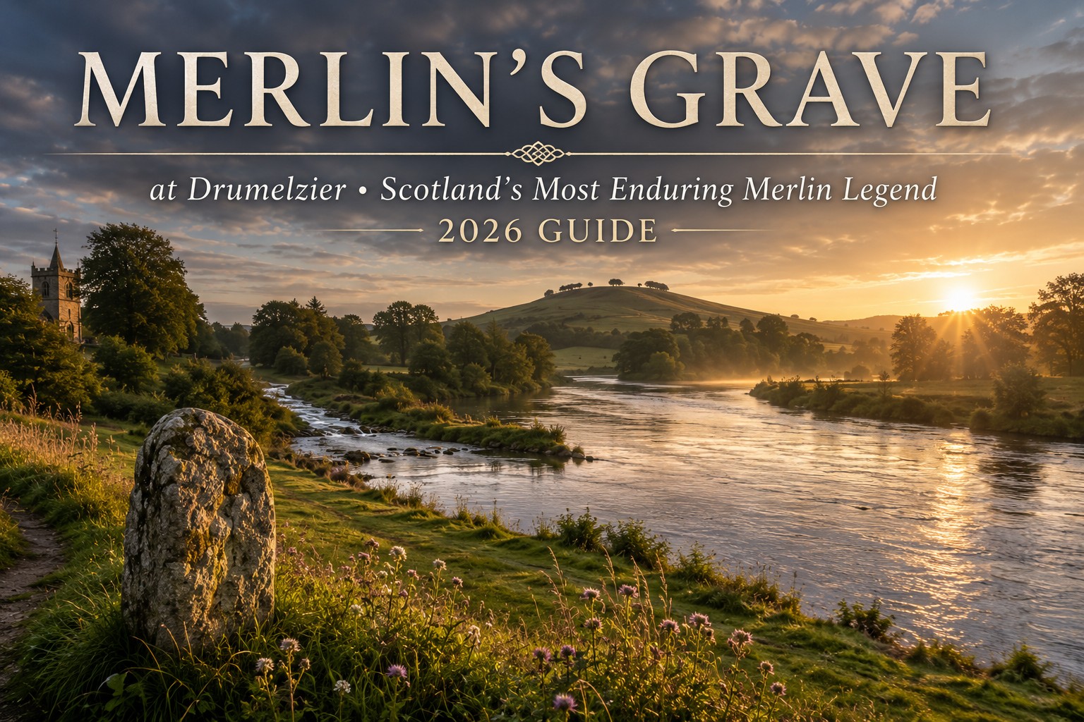 Golden sunrise over the River Tweed at Drumelzier in the Scottish Borders, with a weathered standing stone in the foreground and the peaceful valley traditionally associated with Merlin's Grave, illustrating Scotland's most enduring Merlin legend.