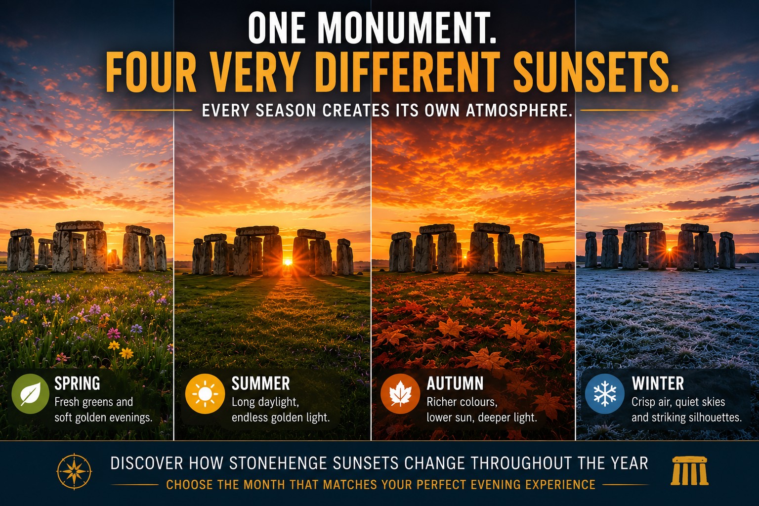 Four-panel comparison showing Stonehenge at sunset during spring, summer, autumn and winter, illustrating how seasonal light, colours, landscape and atmosphere change throughout the year.