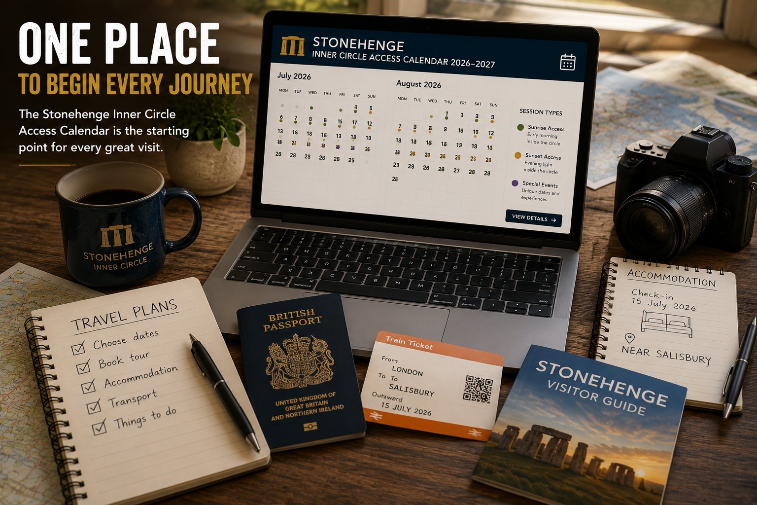Travel planning workspace centred around the Stonehenge Inner Circle Access Calendar 2026–2027, with maps, passport, train ticket and itinerary illustrating how the calendar serves as the central hub for organising a complete Stonehenge visit.