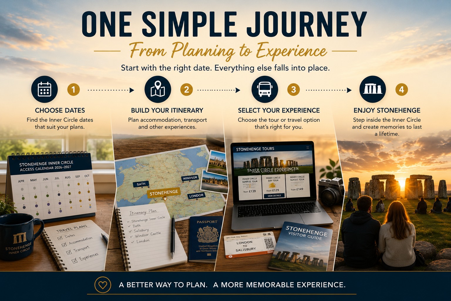 Illustrated planning journey showing the four stages of organising a Stonehenge Inner Circle visit: choosing access dates, building an itinerary, selecting an experience and enjoying the visit inside the ancient stone circle.