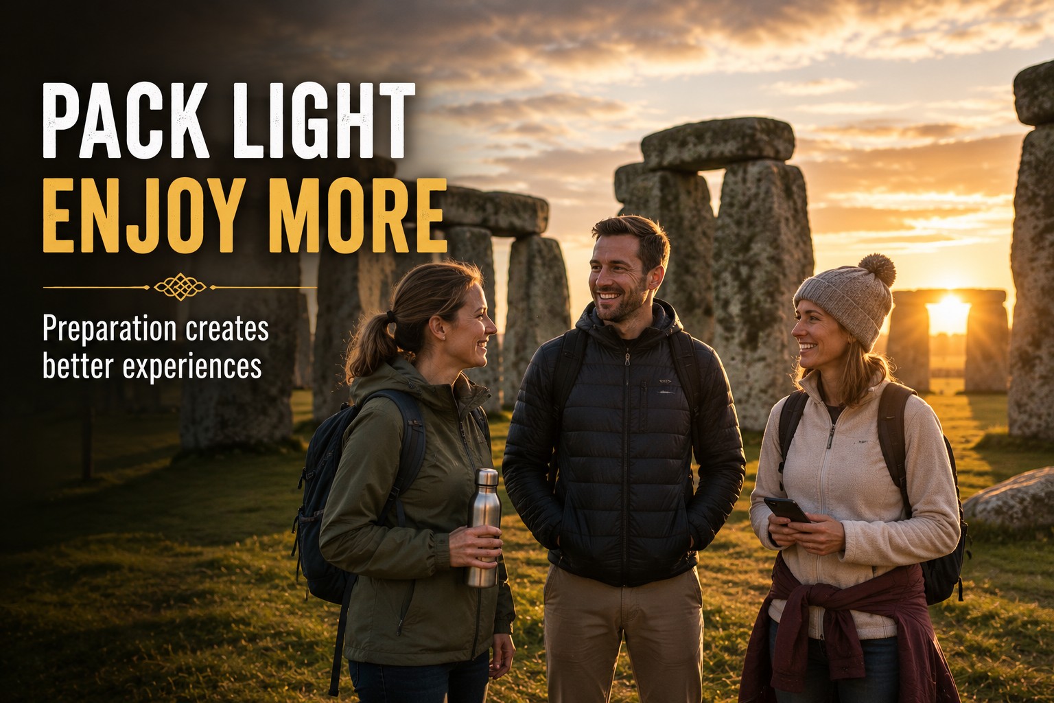 Three well-prepared visitors enjoying a Stonehenge Inner Circle experience at sunrise, carrying light day backpacks, reusable water bottles and practical clothing, demonstrating how thoughtful packing leads to a more comfortable visit.