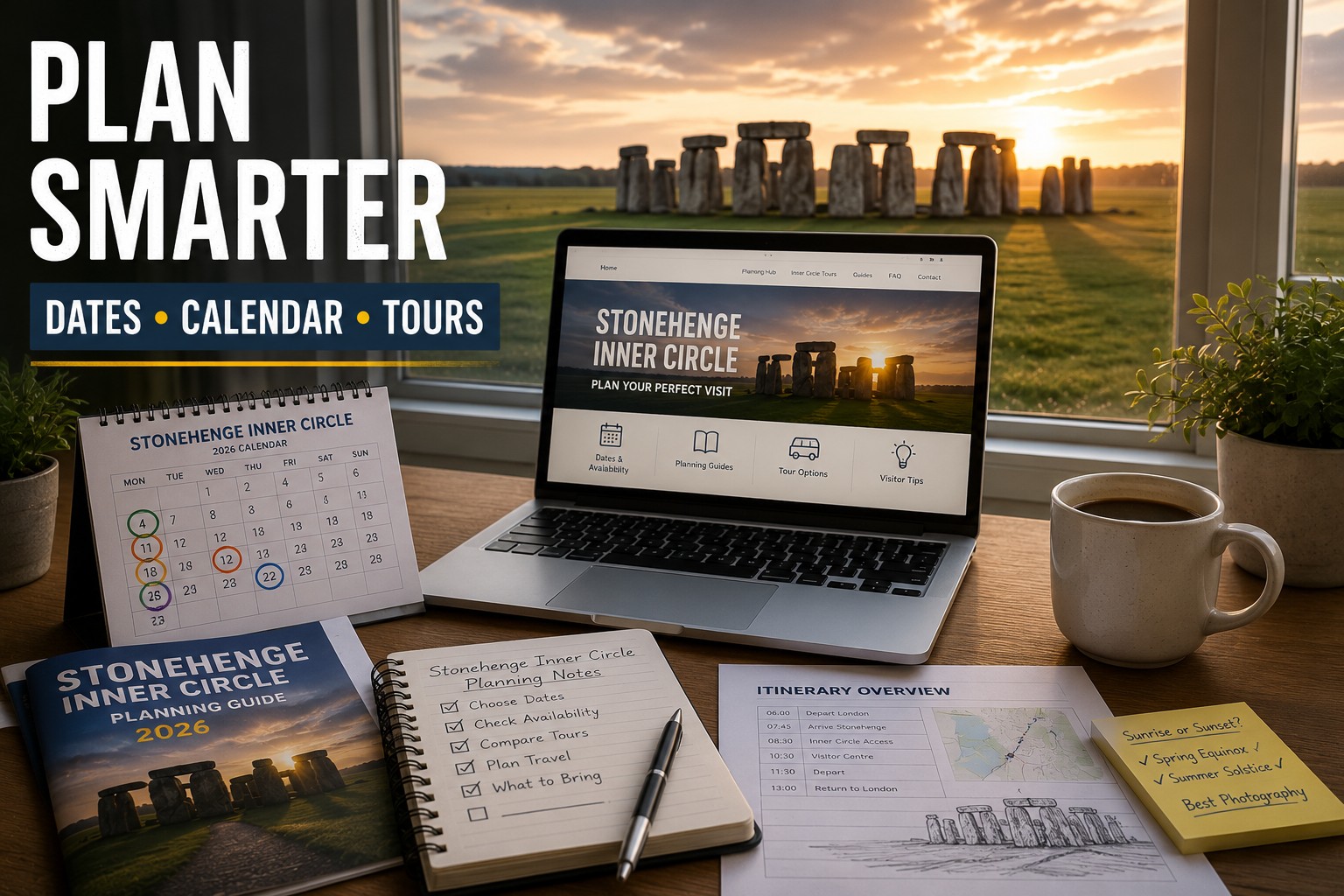 Stonehenge Inner Circle planning workspace featuring a laptop, calendar, itinerary and travel guide with Stonehenge visible through the window at sunrise.