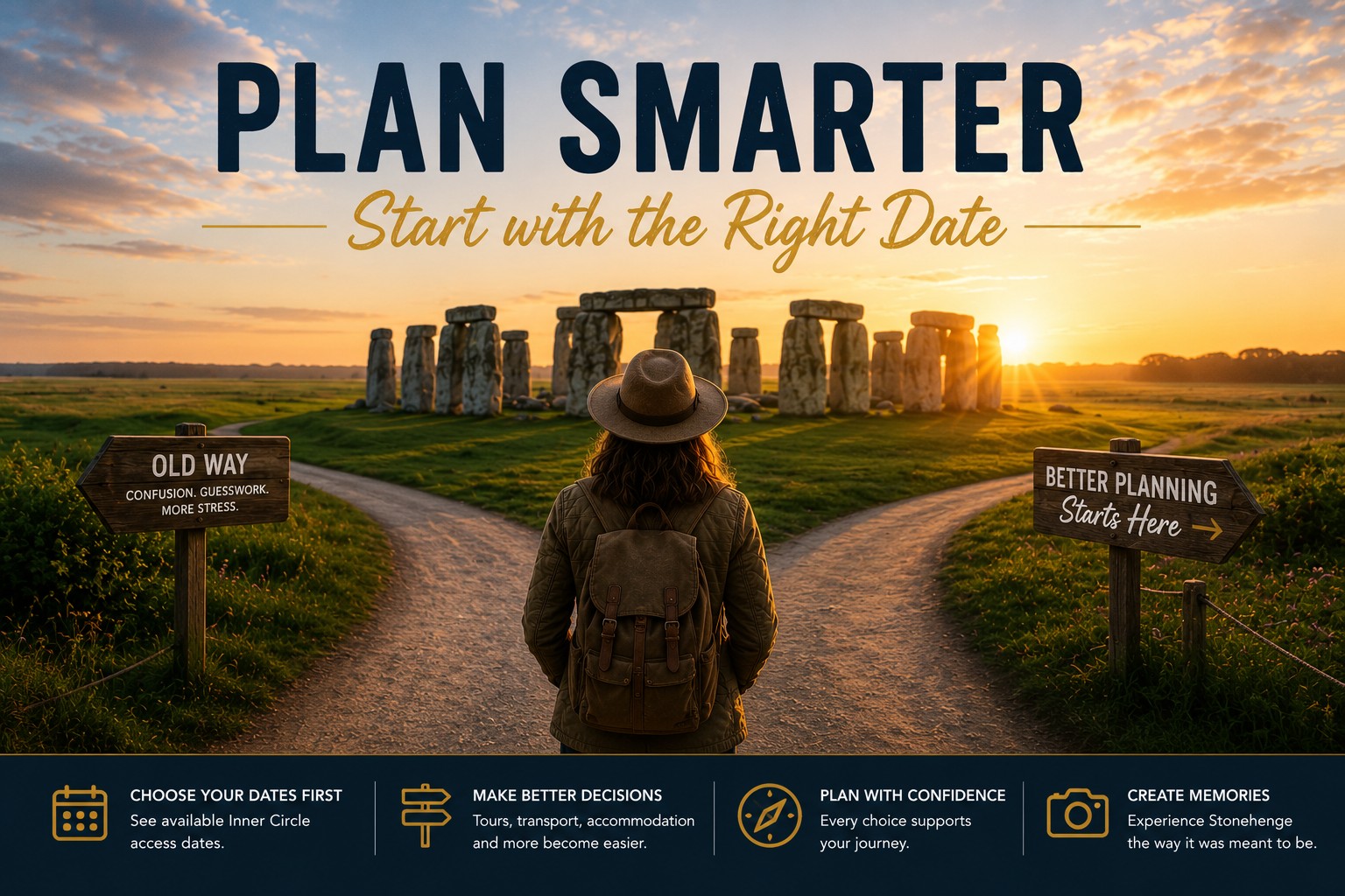 Traveller standing at a crossroads overlooking Stonehenge at sunrise, illustrating how choosing the right date first creates a smarter and more confident Stonehenge Inner Circle planning journey.