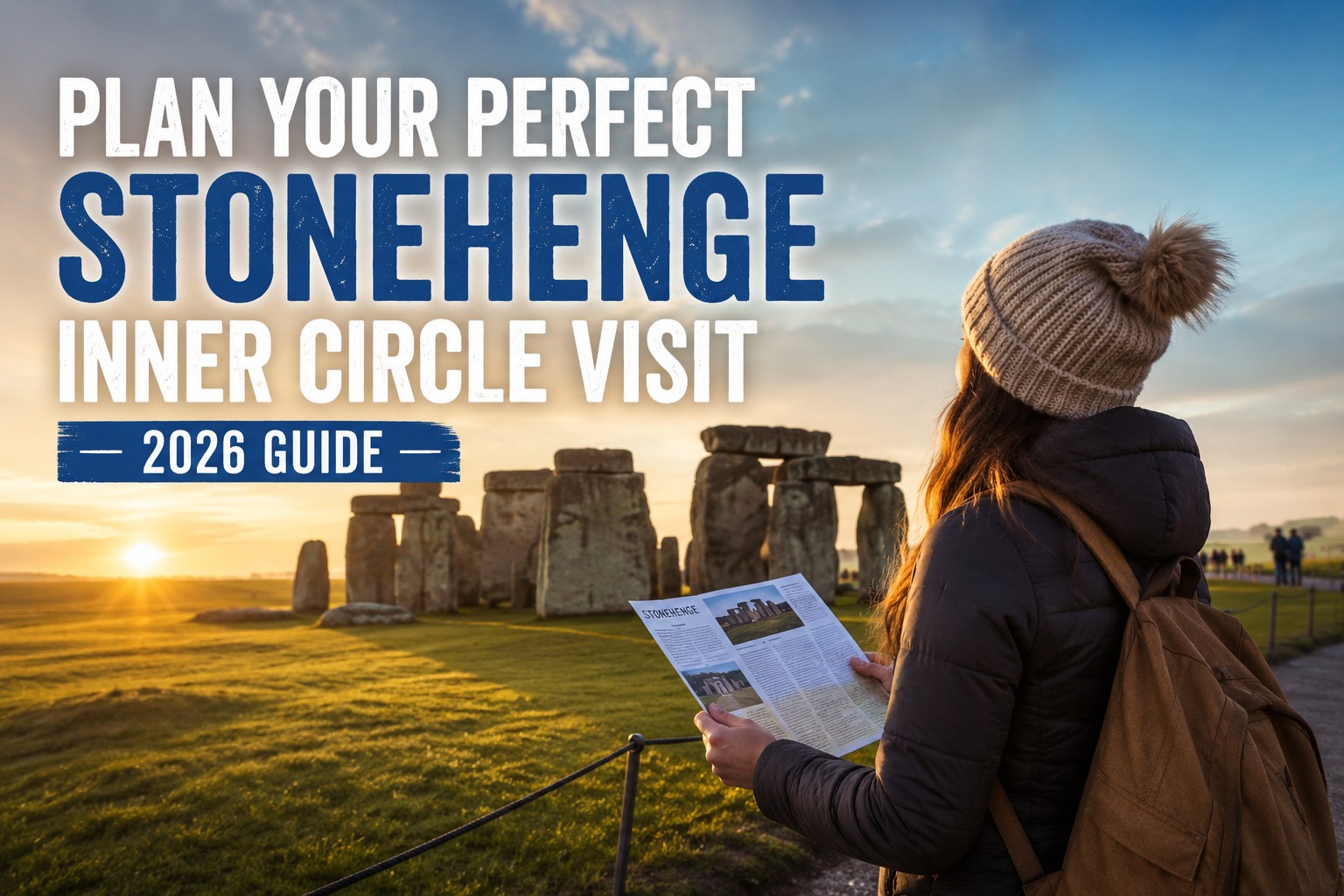 Planning a perfect Stonehenge Inner Circle visit with a traveller overlooking Stonehenge at sunrise while holding a guidebook. Hero image for the 2026 planning guide.