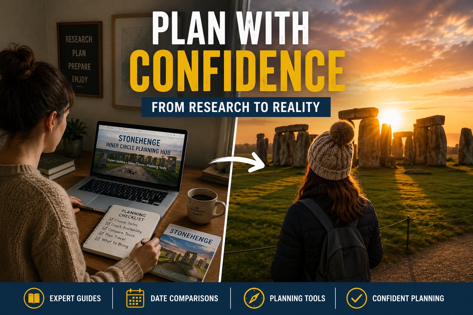 Split-image showing a visitor planning a Stonehenge Inner Circle trip at home before experiencing Stonehenge at sunrise, illustrating the journey from research to reality.