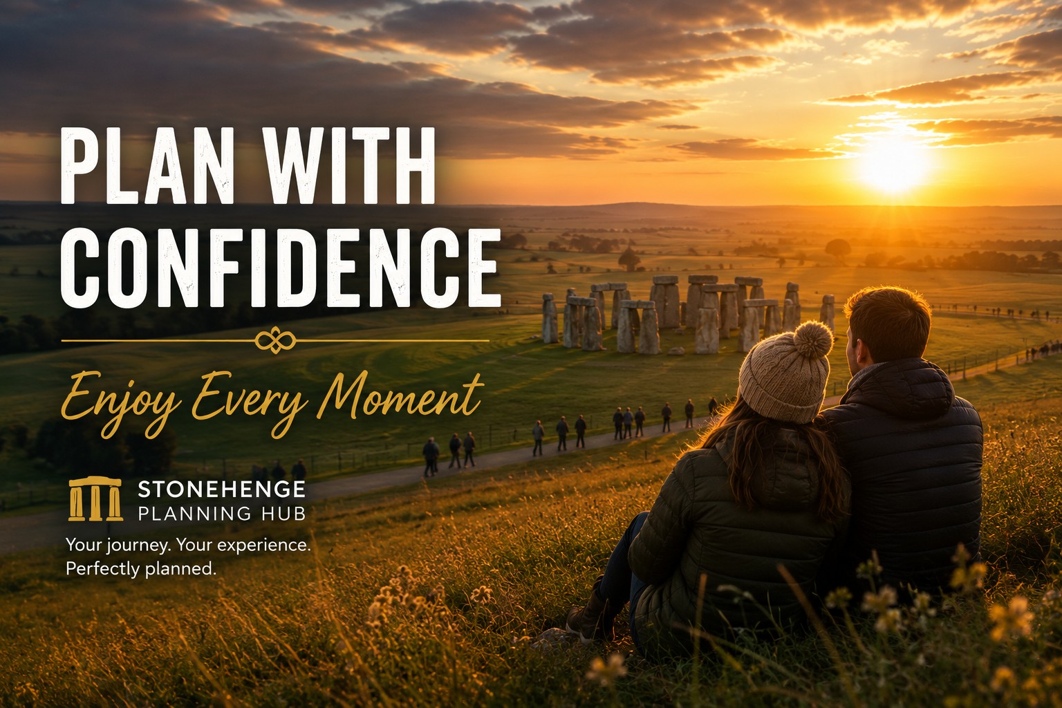 Couple overlooking Stonehenge at sunset after completing their travel plans, representing the confidence and enjoyment that comes from careful Stonehenge Inner Circle planning.