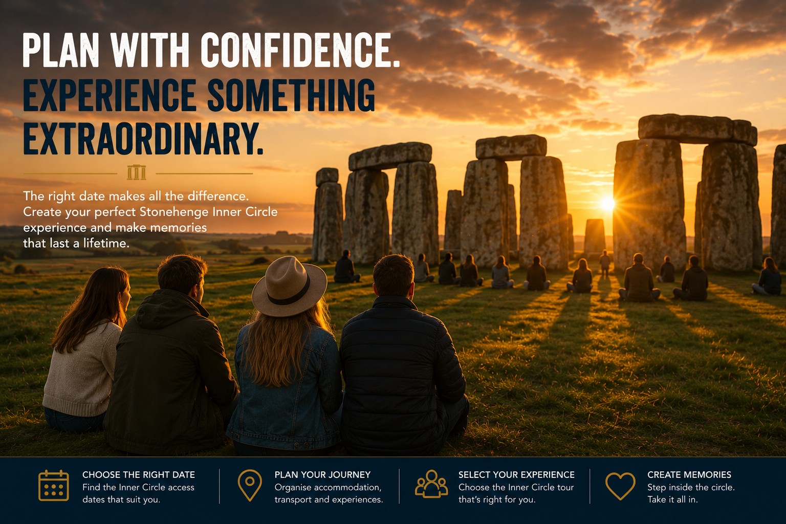 Visitors enjoying a peaceful Stonehenge Inner Circle experience at golden hour, illustrating how careful planning and choosing the right access date lead to a memorable and rewarding visit.