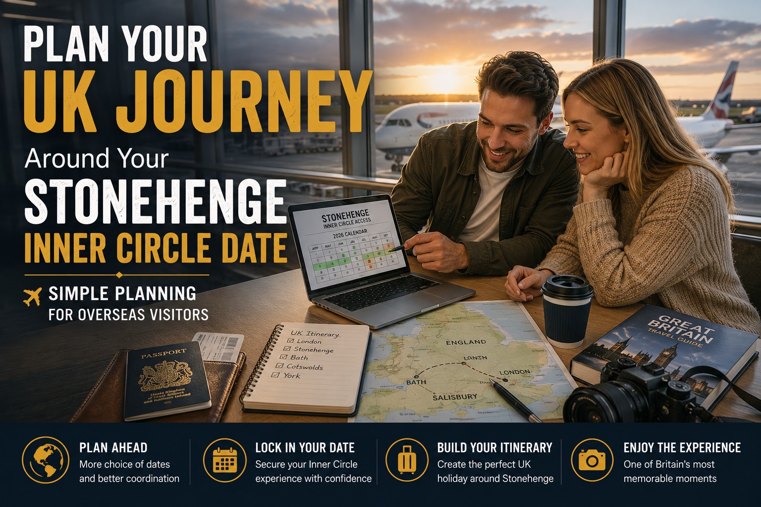Overseas travellers planning their UK holiday in an airport departure lounge, using a laptop to review Stonehenge Inner Circle access dates while organising their itinerary, passport and travel plans before flying to Britain.