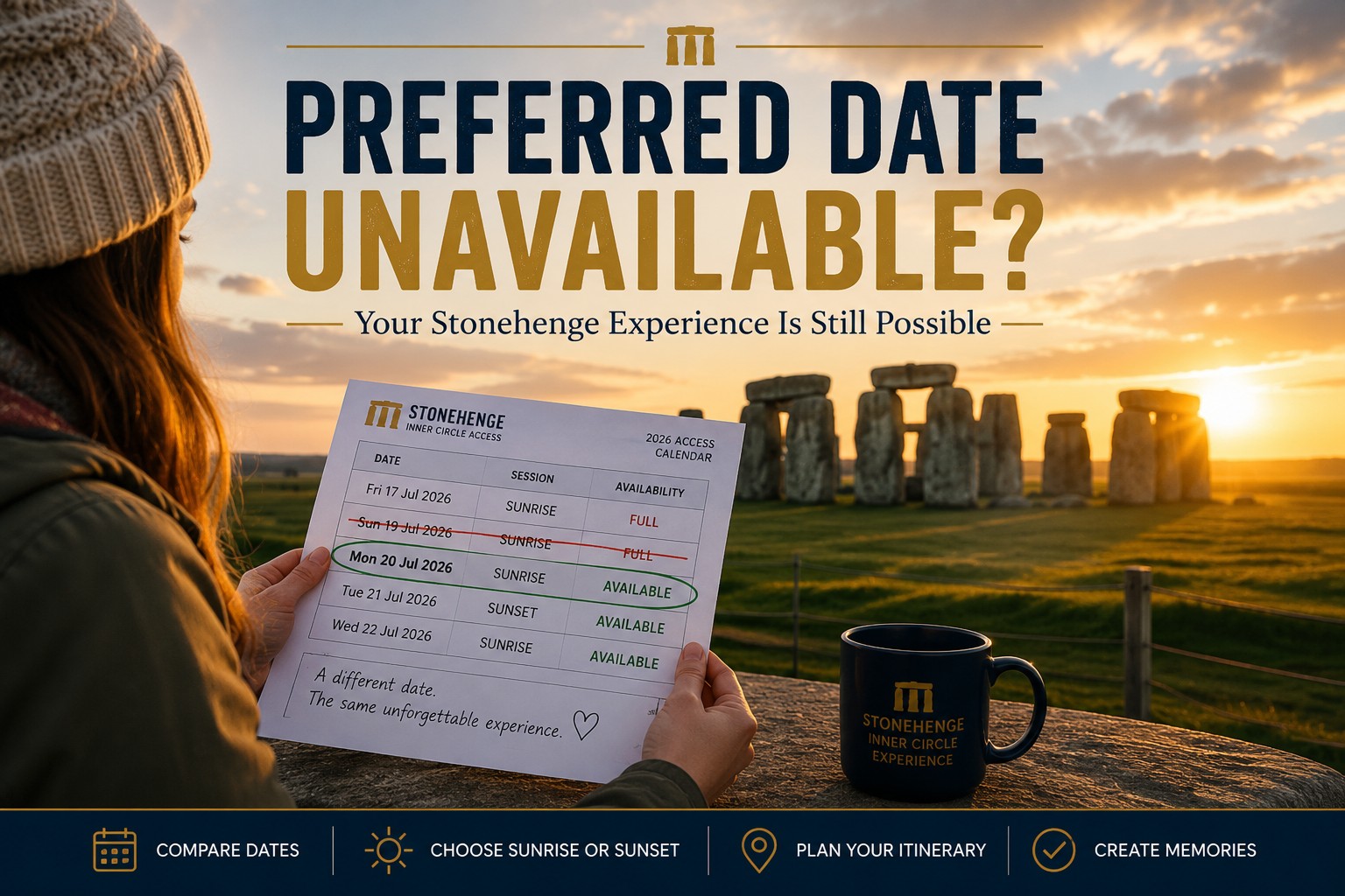 Visitor reviewing a Stonehenge Inner Circle itinerary with an alternative access date highlighted while overlooking Stonehenge at sunrise, illustrating that an unavailable preferred date can still lead to an unforgettable Stonehenge experience.