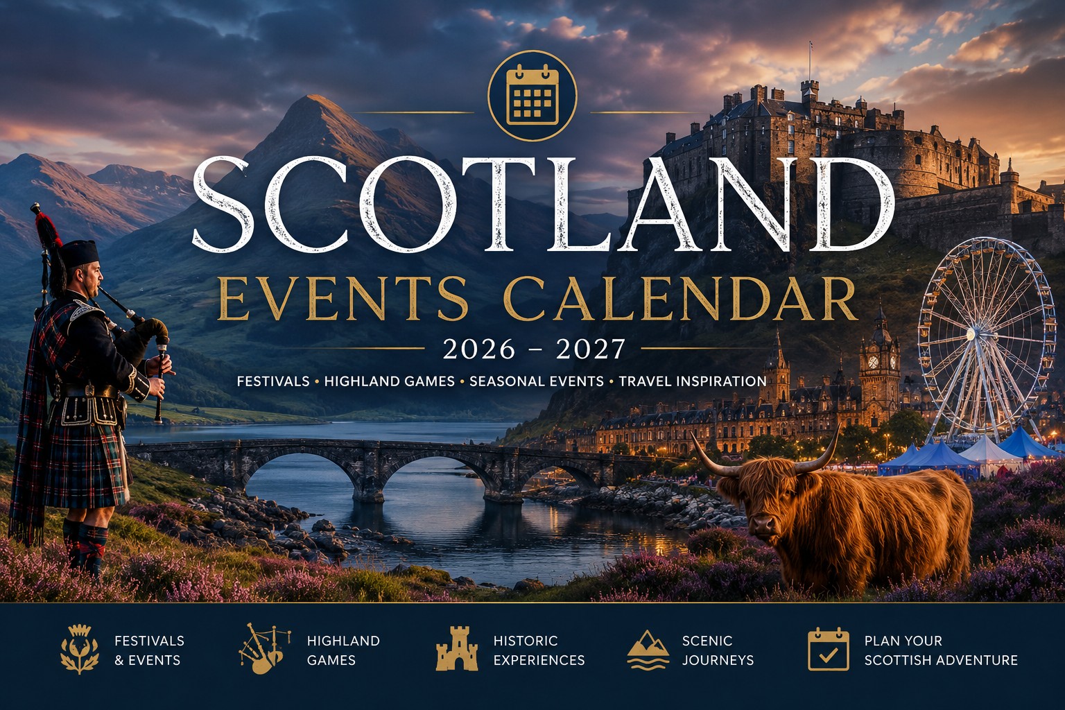 Scotland Events Calendar 2026–2027 hero image featuring dramatic Highland mountains, Edinburgh Castle, the Edinburgh skyline, a Highland piper, Highland cow and scenic Scottish landscapes representing festivals, Highland Games, historic attractions and year-round travel inspiration across Scotland.