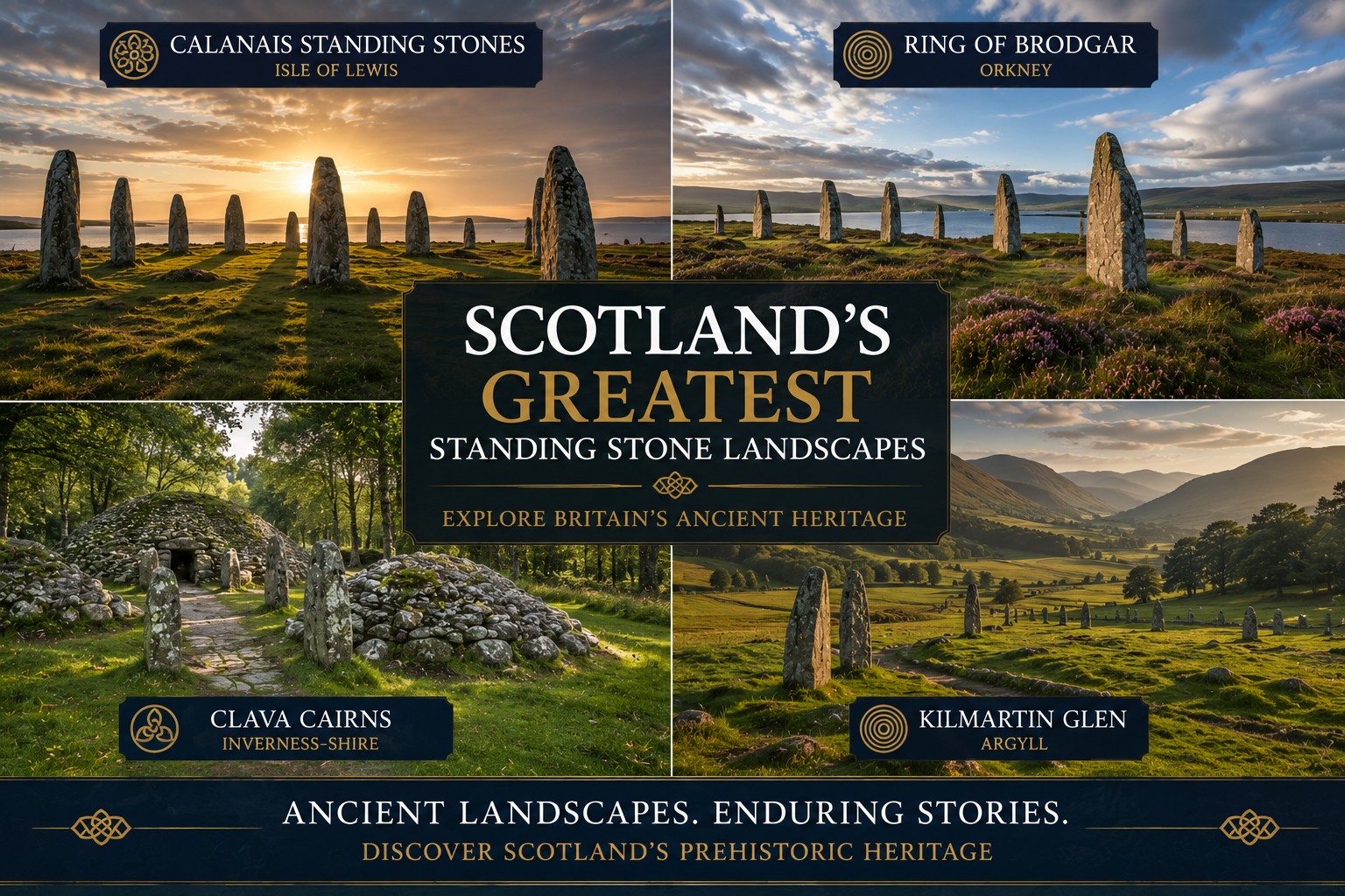 Four-panel collage featuring the Calanais Standing Stones on the Isle of Lewis, the Ring of Brodgar in Orkney, Clava Cairns near Inverness and Kilmartin Glen in Argyll, showcasing Scotland's most remarkable prehistoric standing stone landscapes beneath dramatic skies.