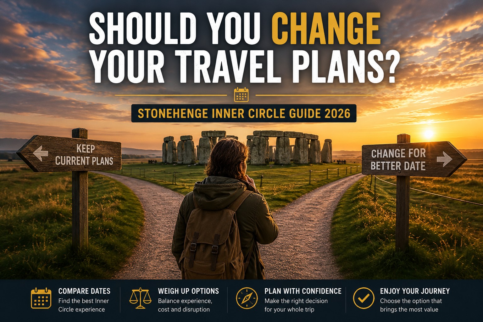 Traveller standing at a fork in the path towards Stonehenge, choosing between keeping existing travel plans or changing them for a better Inner Circle Access date, illustrating the decision-making process for planning a Stonehenge visit.