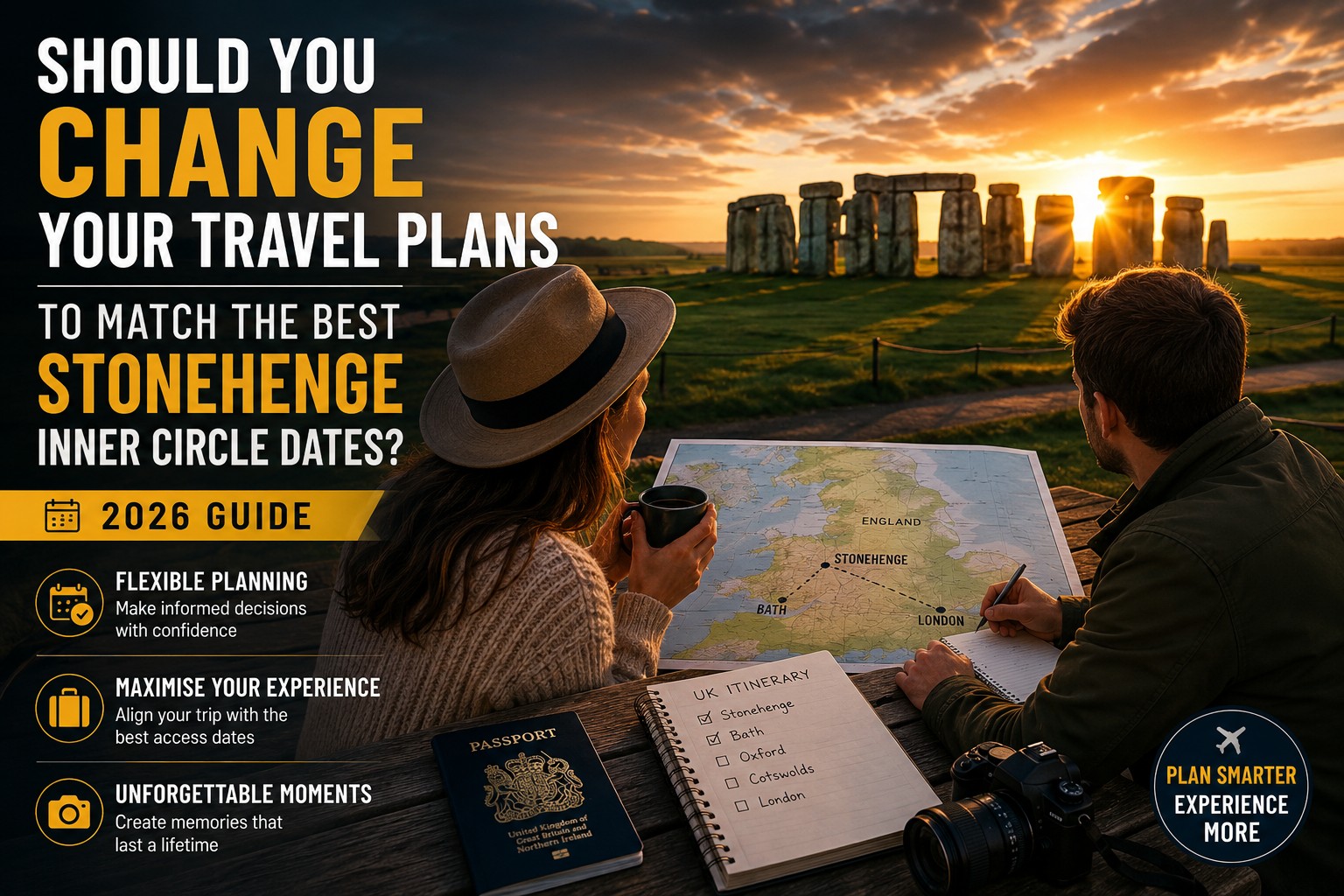 Travellers planning a Stonehenge Inner Circle visit while overlooking Stonehenge at sunrise, comparing travel dates, maps and a UK itinerary to decide whether changing their plans would create a better overall experience.