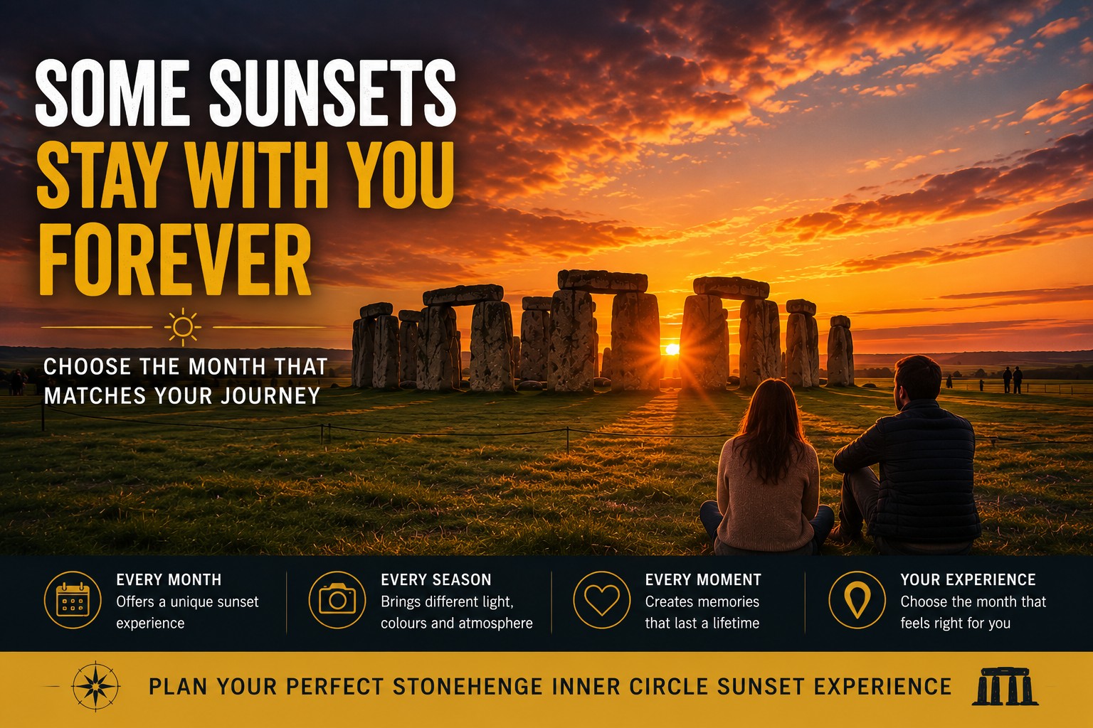 Couple watching the sun set behind Stonehenge beneath glowing orange skies, illustrating how choosing the right month can create an unforgettable Stonehenge Inner Circle sunset experience.