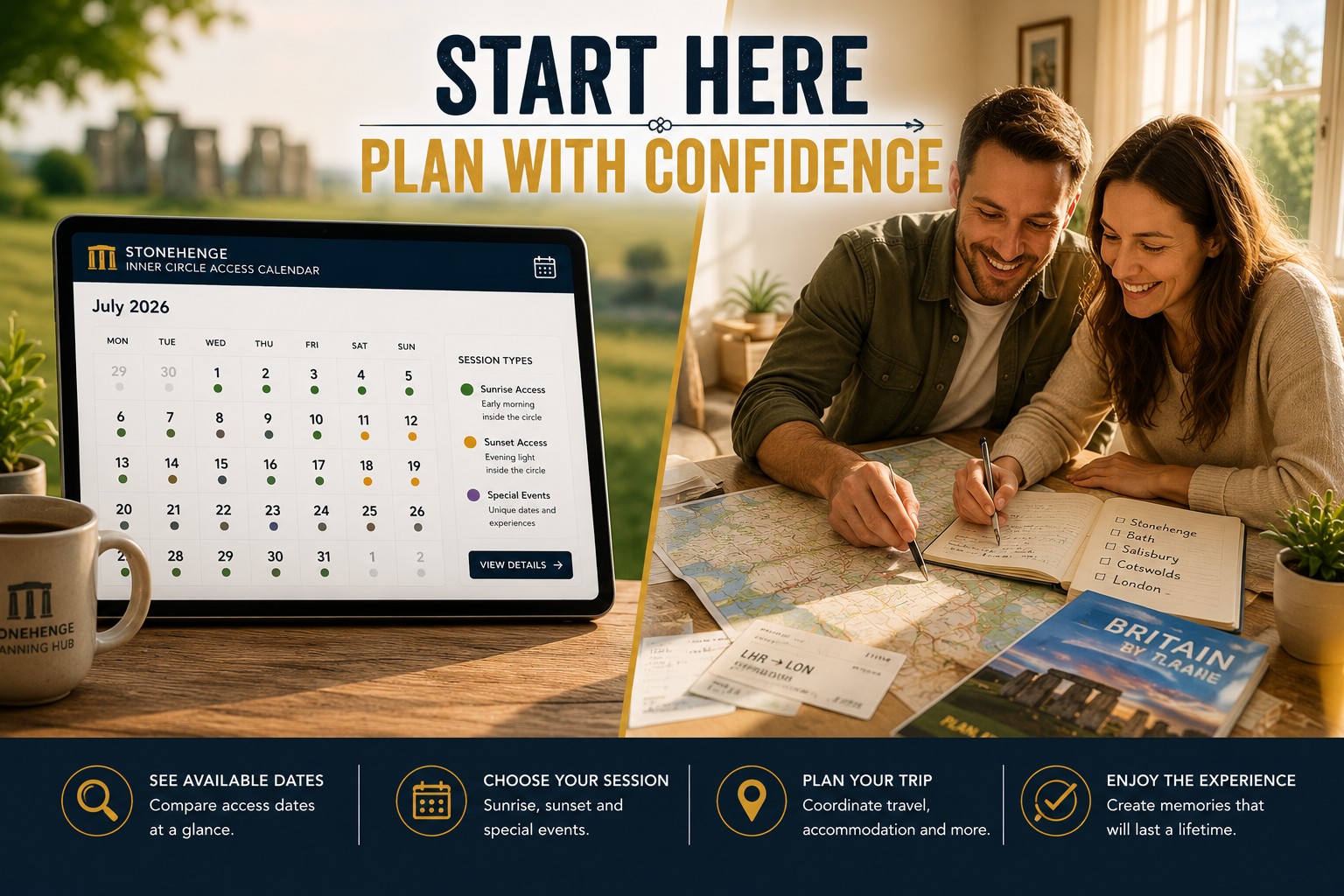Split image showing the Stonehenge Inner Circle Access Calendar alongside a couple planning their UK itinerary, illustrating how comparing access dates first leads to a more organised and confident travel experience.