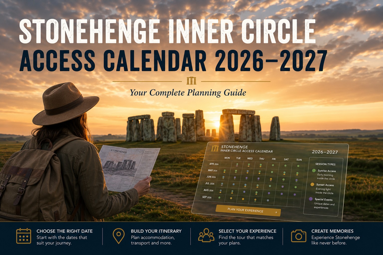 Stonehenge Inner Circle at sunrise with a traveller planning a visit using the Stonehenge Inner Circle Access Calendar 2026–2027, illustrating the complete guide to choosing the right dates before organising tours, accommodation and transport.