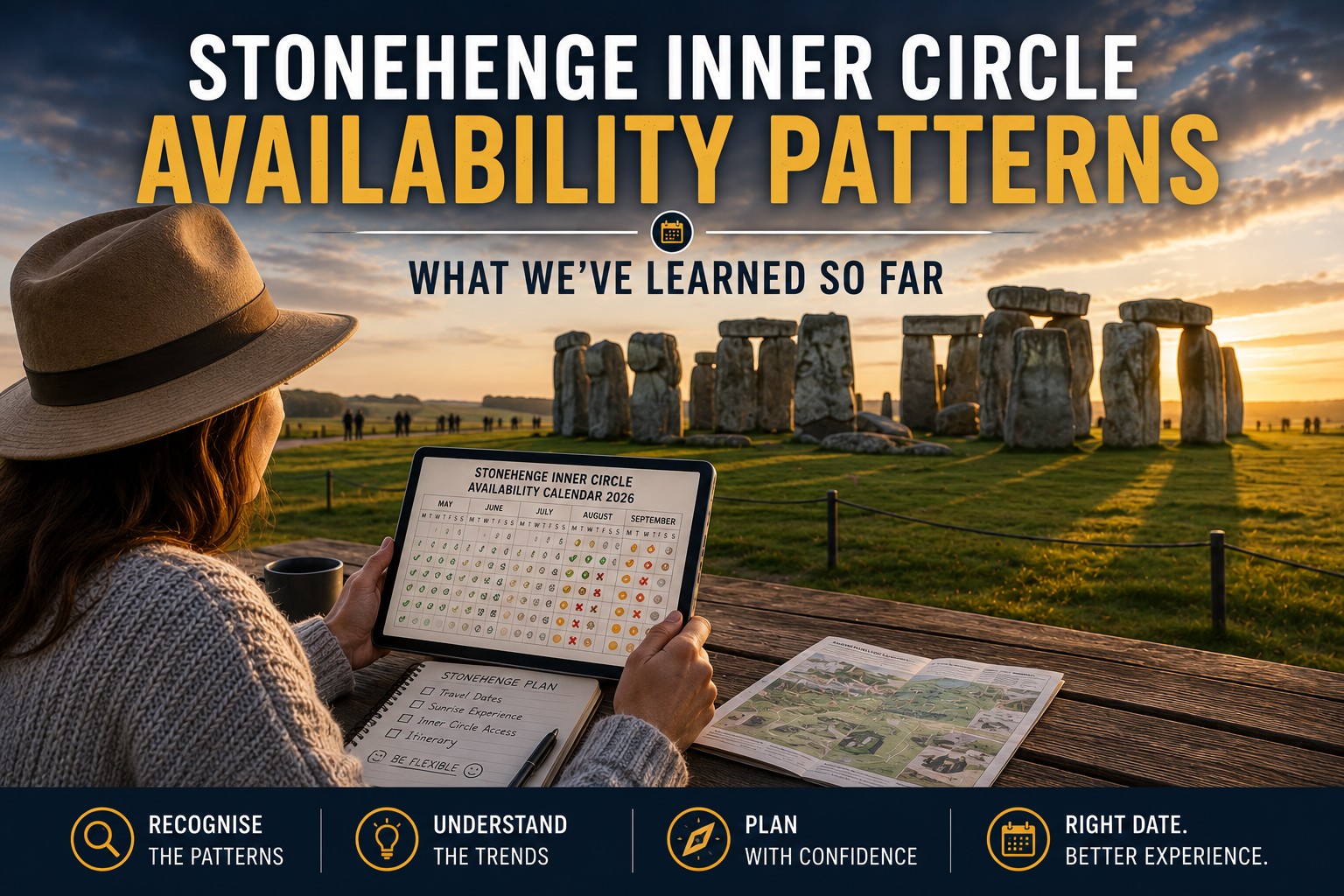 Traveller studying the Stonehenge Inner Circle availability calendar while overlooking Stonehenge, illustrating how recognising booking patterns helps visitors plan with greater confidence.
