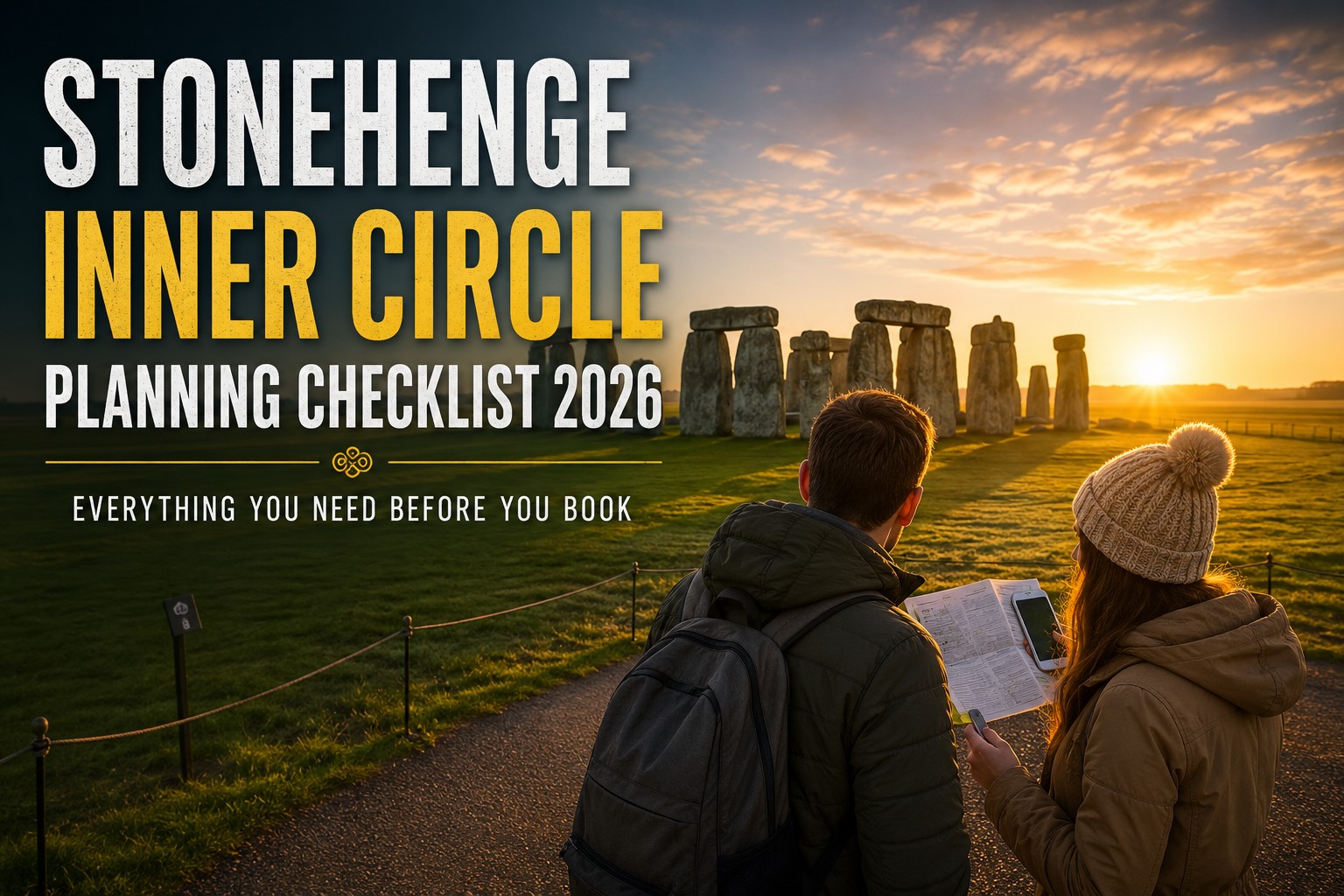 Stonehenge Inner Circle Planning Checklist 2026 hero image showing two visitors reviewing their itinerary before sunrise at Stonehenge, illustrating how to compare dates, choose the right tour and plan an unforgettable Stonehenge Inner Circle experience.