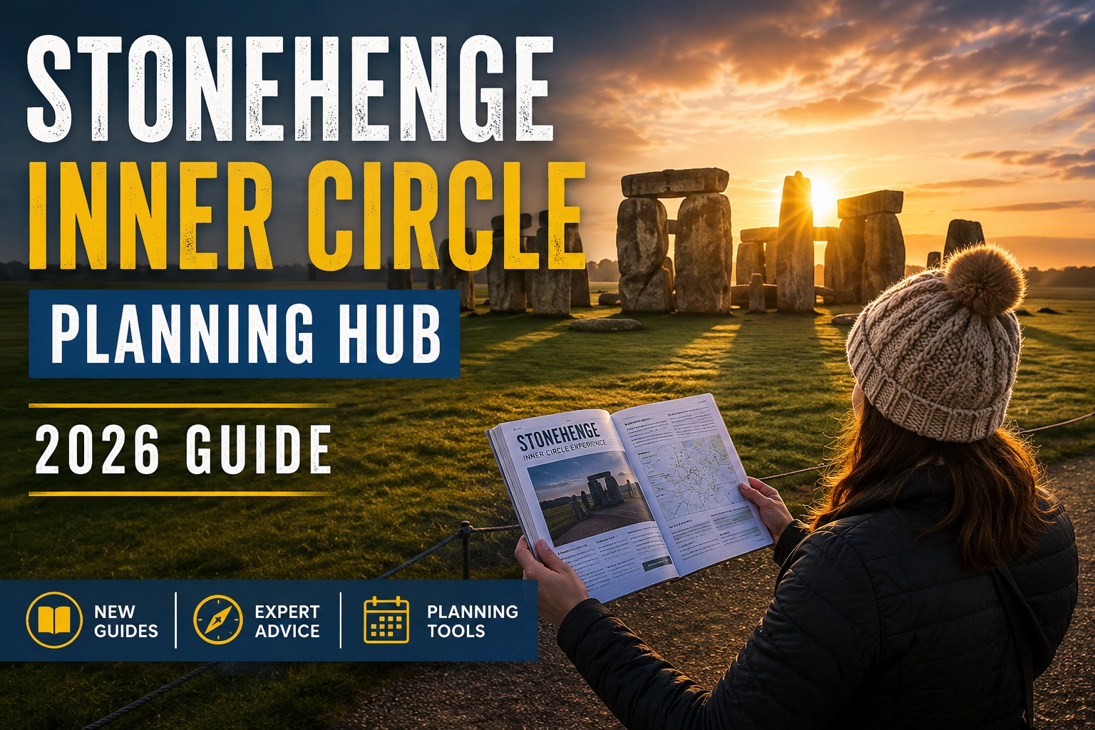 Visitor using a Stonehenge Inner Circle planning guide while overlooking Stonehenge at sunrise, introducing the 2026 Planning Hub and expert visitor resources.