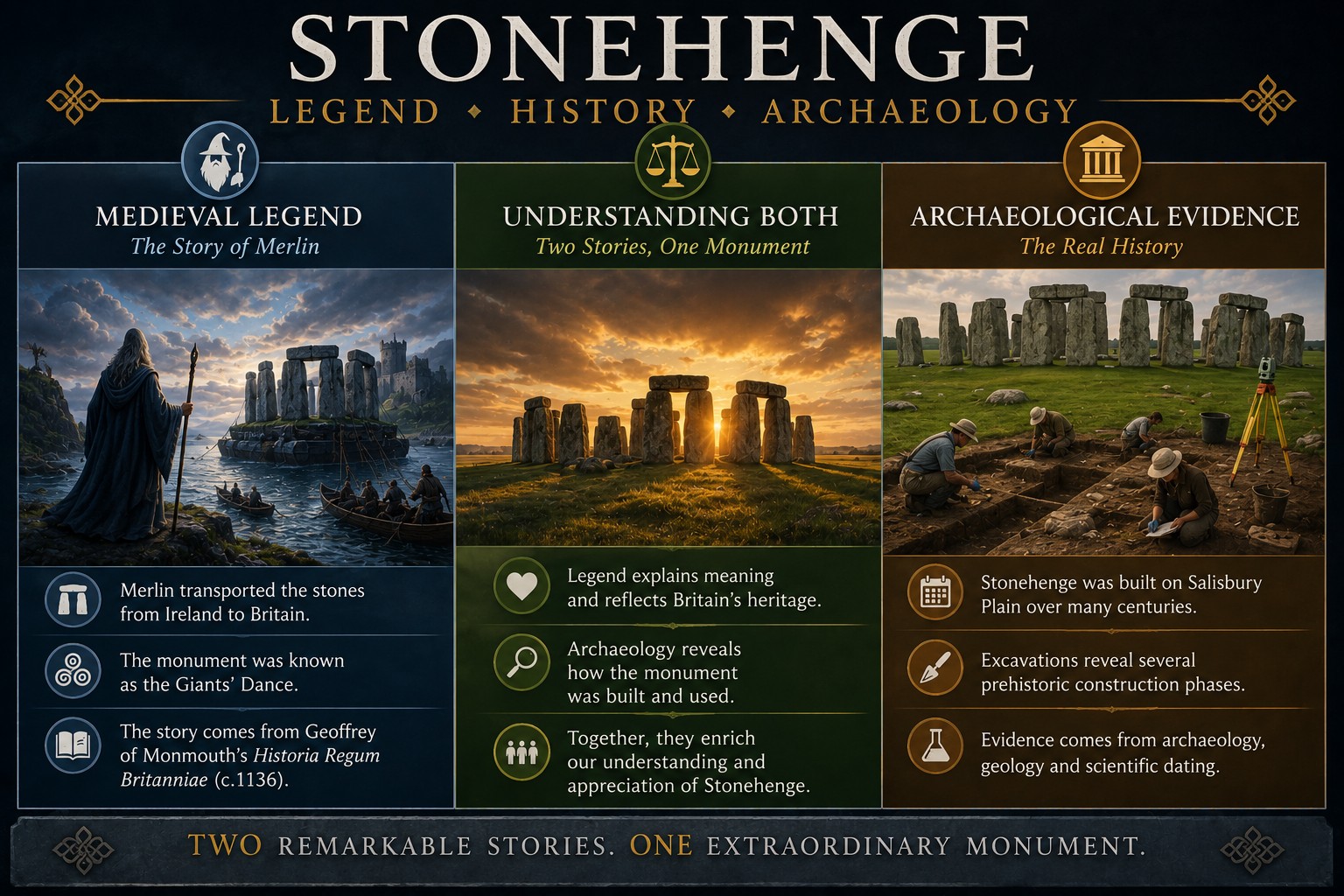 Three-panel infographic comparing the medieval Merlin legend with modern archaeological evidence at Stonehenge, showing how legend explains the monument's cultural meaning while archaeology reveals its prehistoric origins and construction.