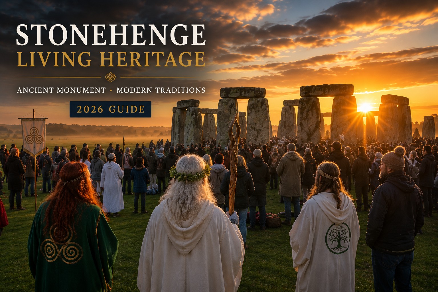 Modern Druids and visitors gather respectfully at Stonehenge during a solstice sunrise, with the ancient stone circle glowing beneath golden light on Salisbury Plain, illustrating how prehistoric heritage and contemporary spiritual traditions continue to meet at one of Britain's most iconic monuments.