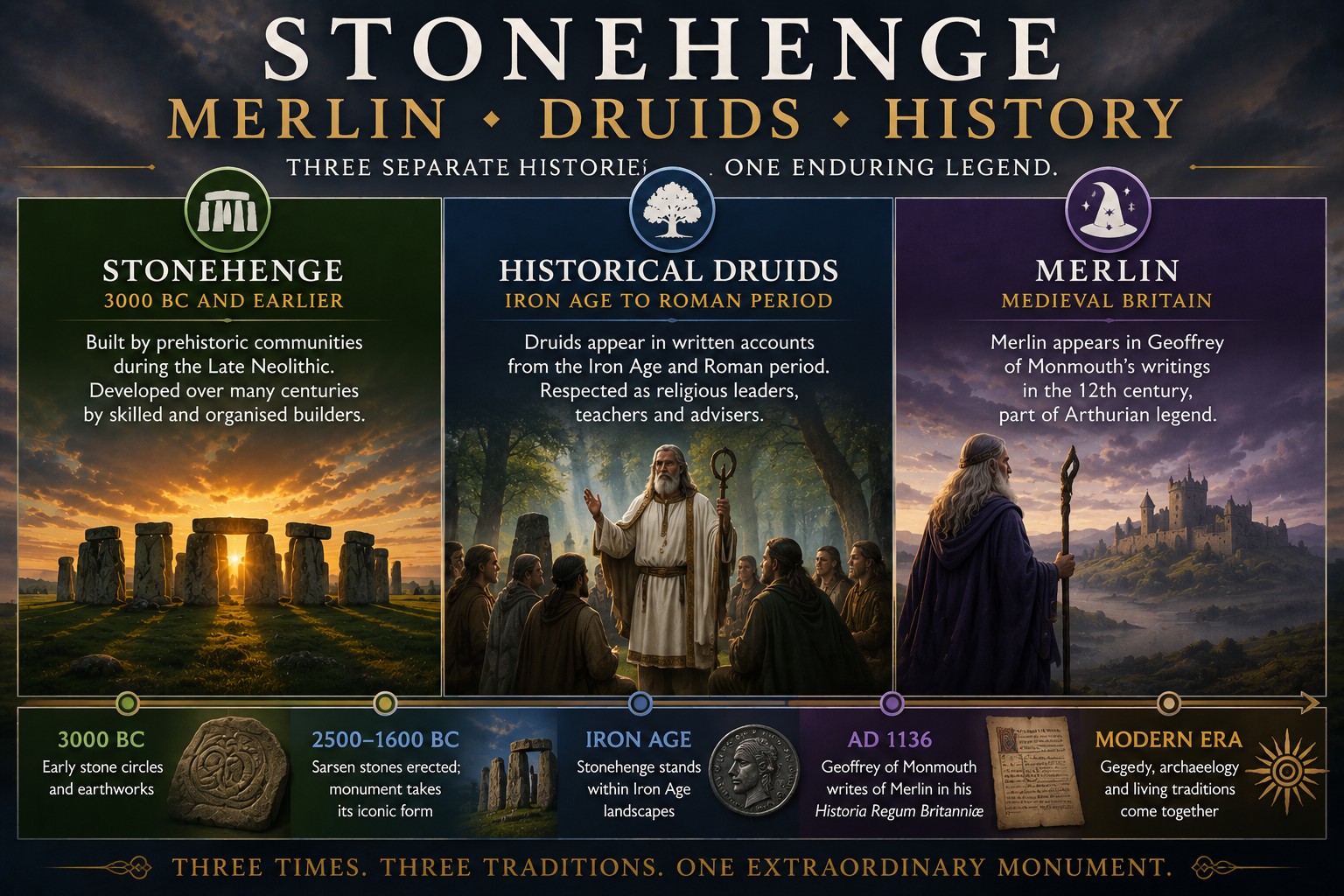 Three-panel infographic comparing Stonehenge, the historical Druids and Merlin across a chronological timeline, illustrating how a prehistoric monument, Iron Age religious leaders and medieval Arthurian legend became linked through centuries of storytelling and cultural tradition.